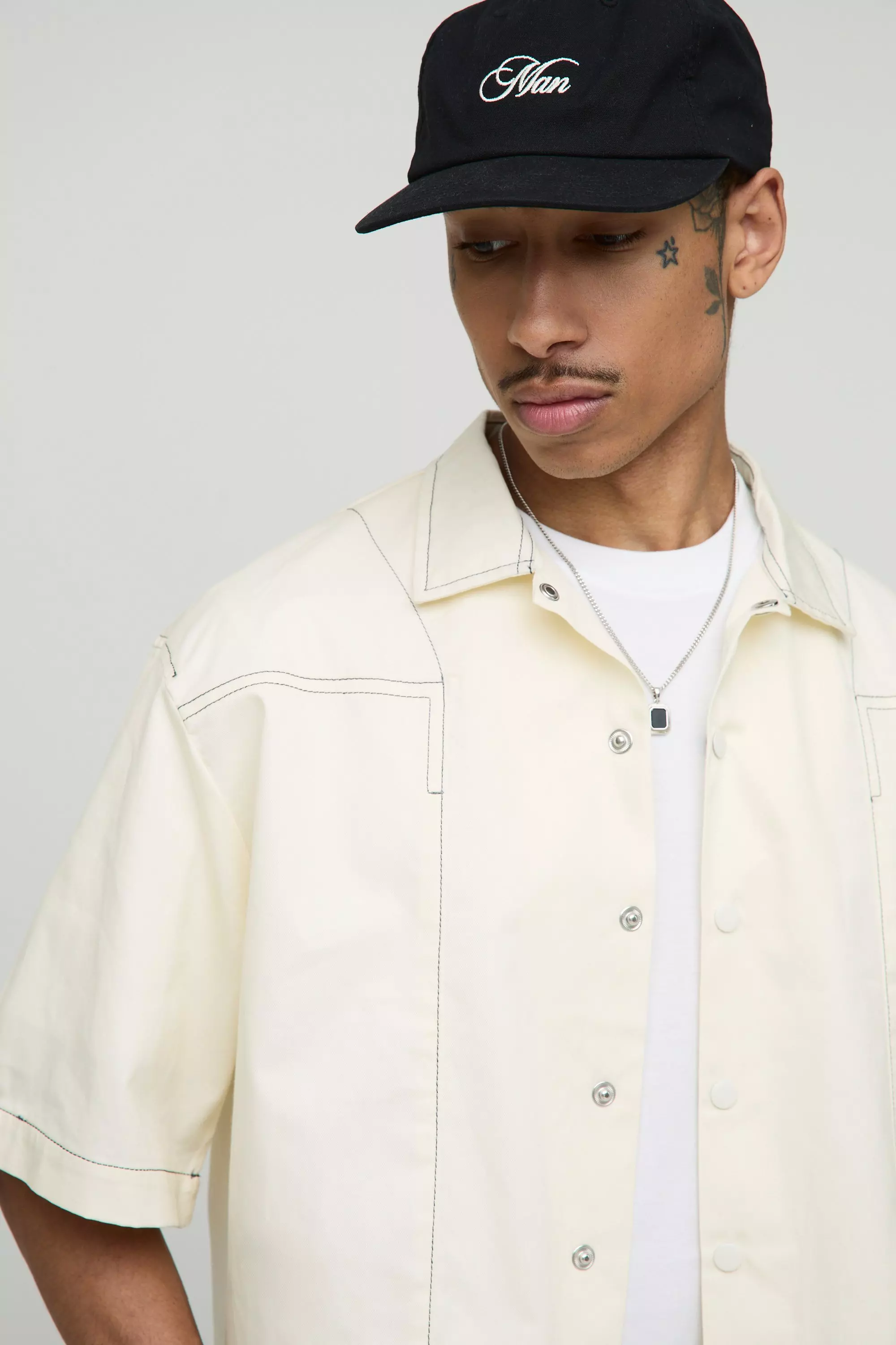 Oversized Half Sleeve Contrast Stitch Collared Shirt | boohooMAN USA