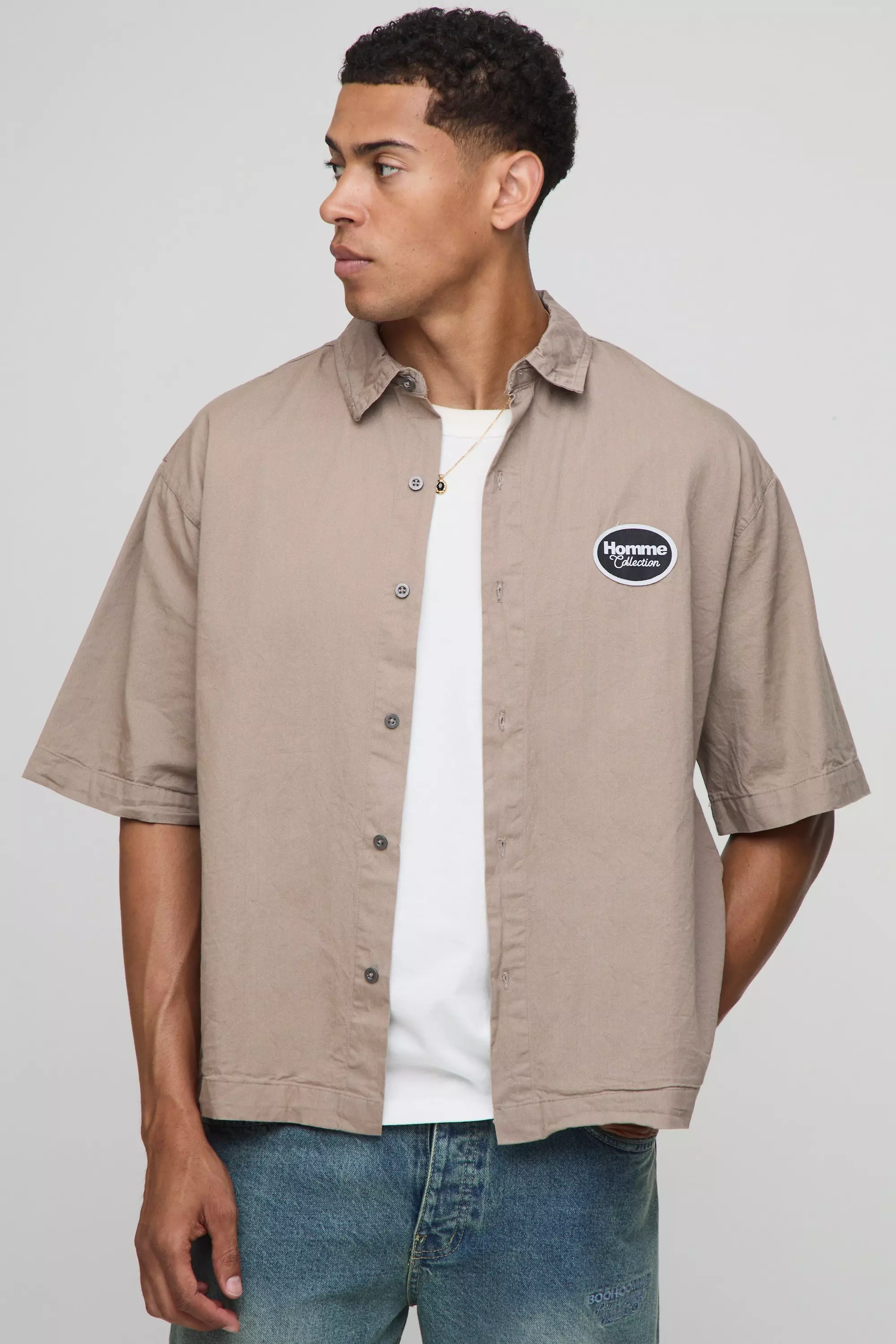 Oversized Half Sleeve Washed Revere Shirt | boohooMAN USA