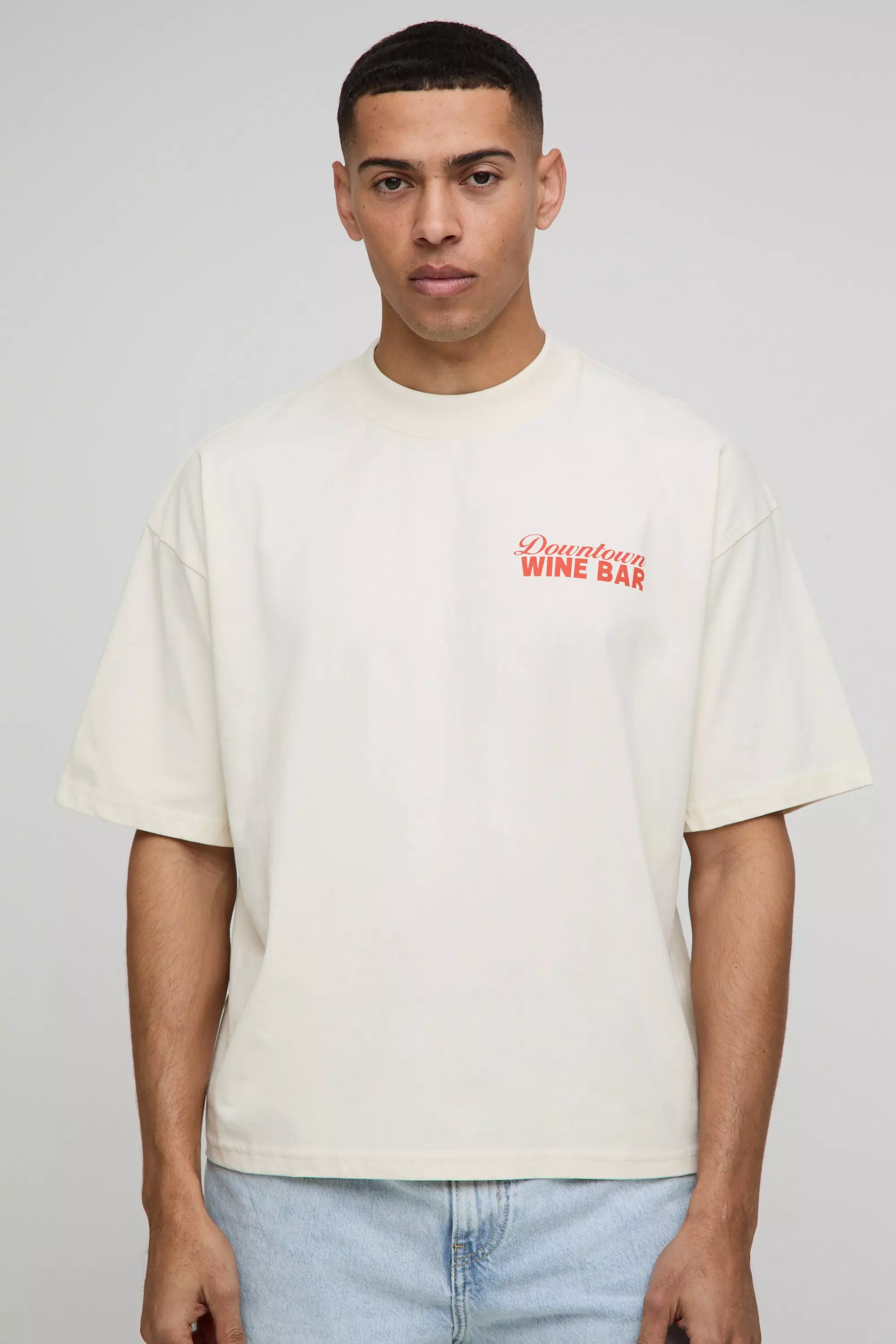 Kastiges Oversize T-Shirt mit Wine Bar Print, Ecru alternatives Bild