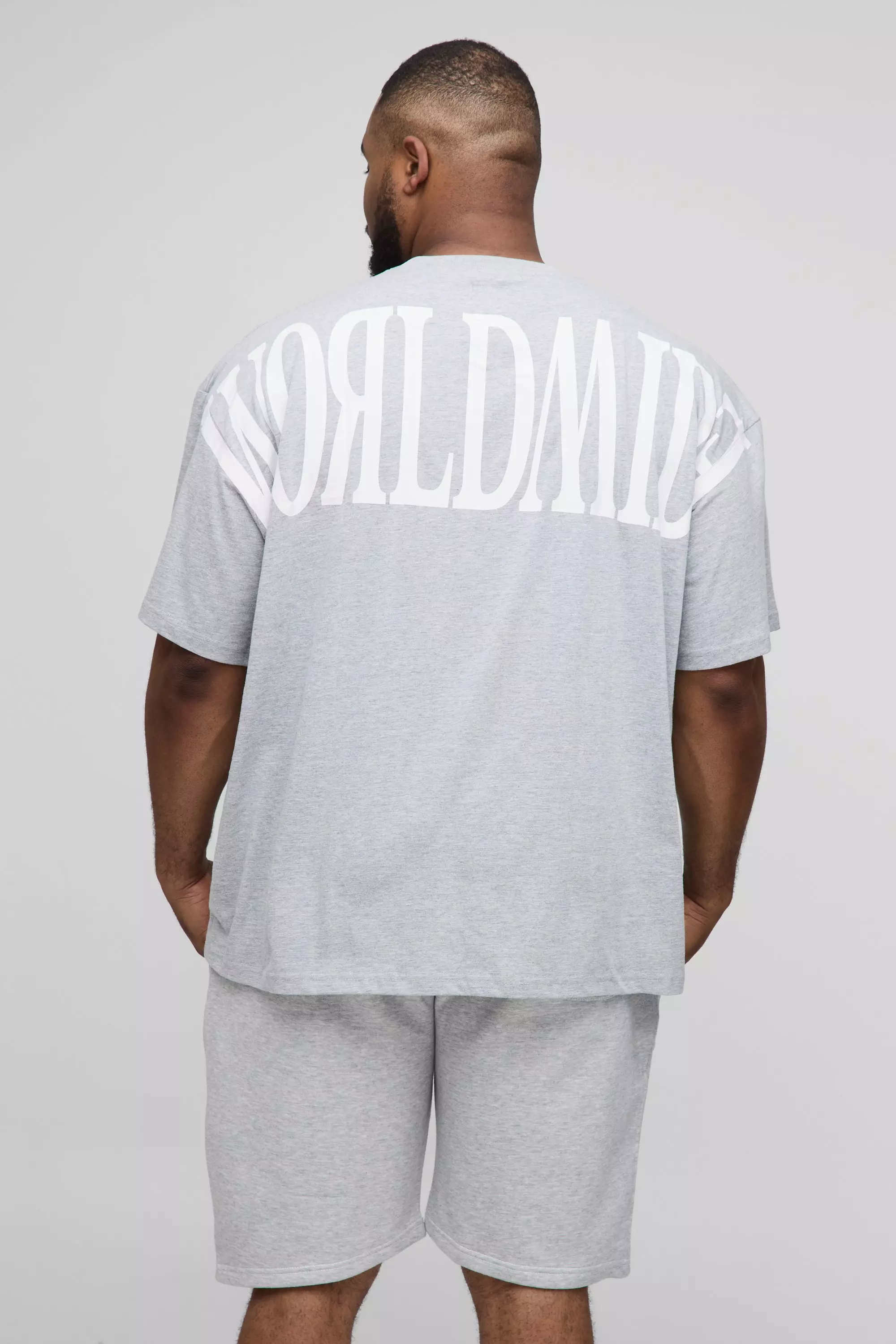 Plus Oversized Worldwide Over Seam Print T-Shirt & Short Set Grey