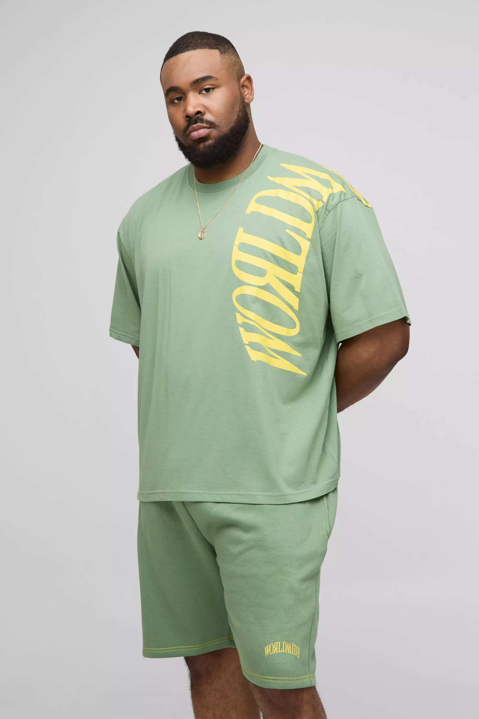 Plus Oversized Worldwide Over Seam Print T-Shirt & Short Set Green