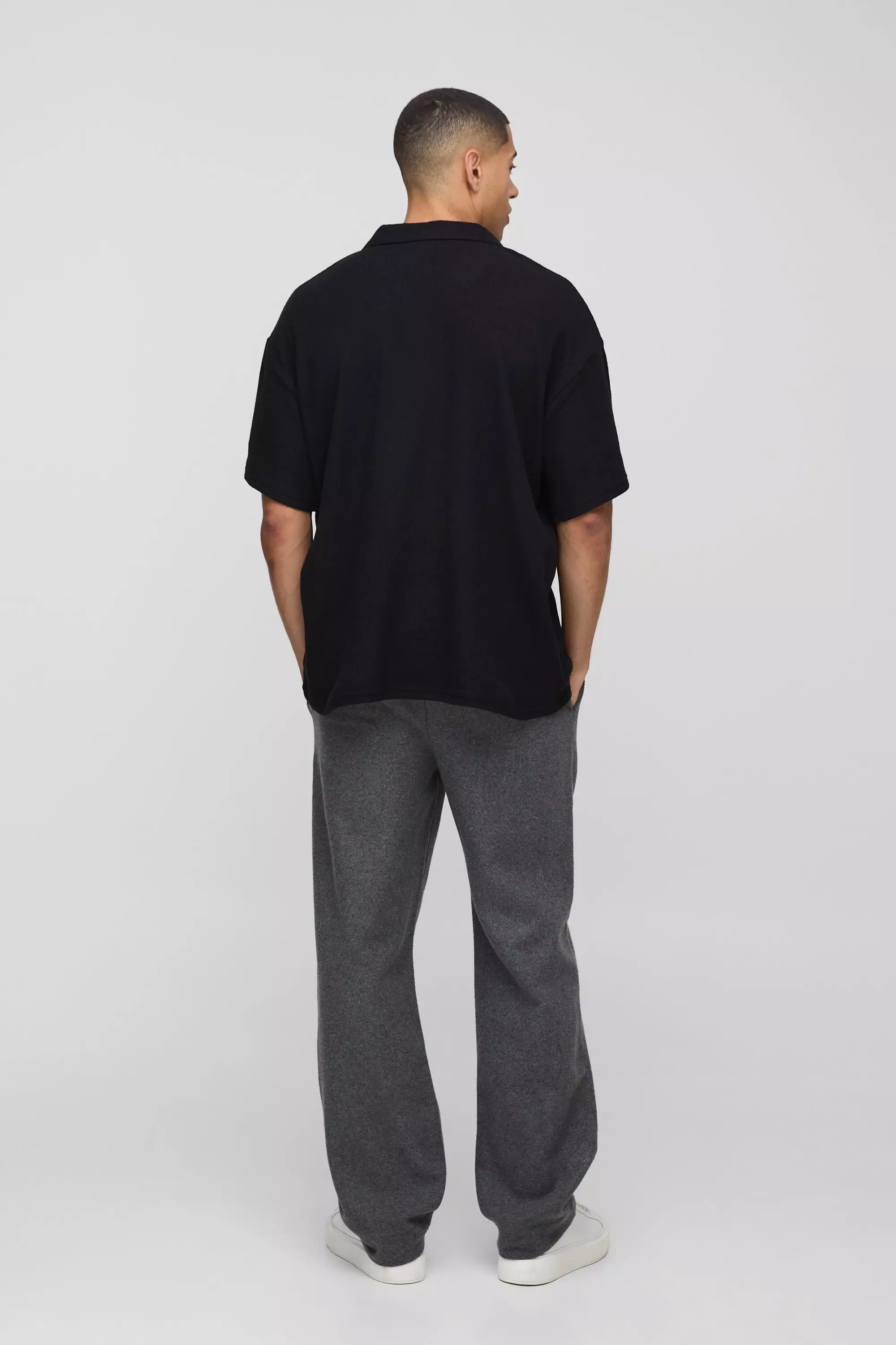 Black Oversized Polo Met Textuur En Revers Kraag alternatieve afbeelding