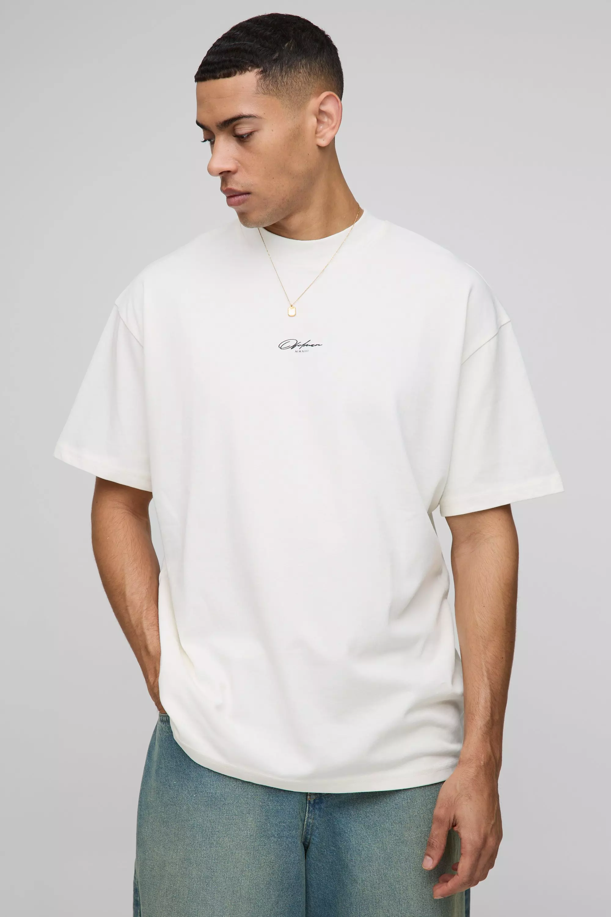 Ecru Oversized Extended Neck Ofclman T-Shirt alternative image