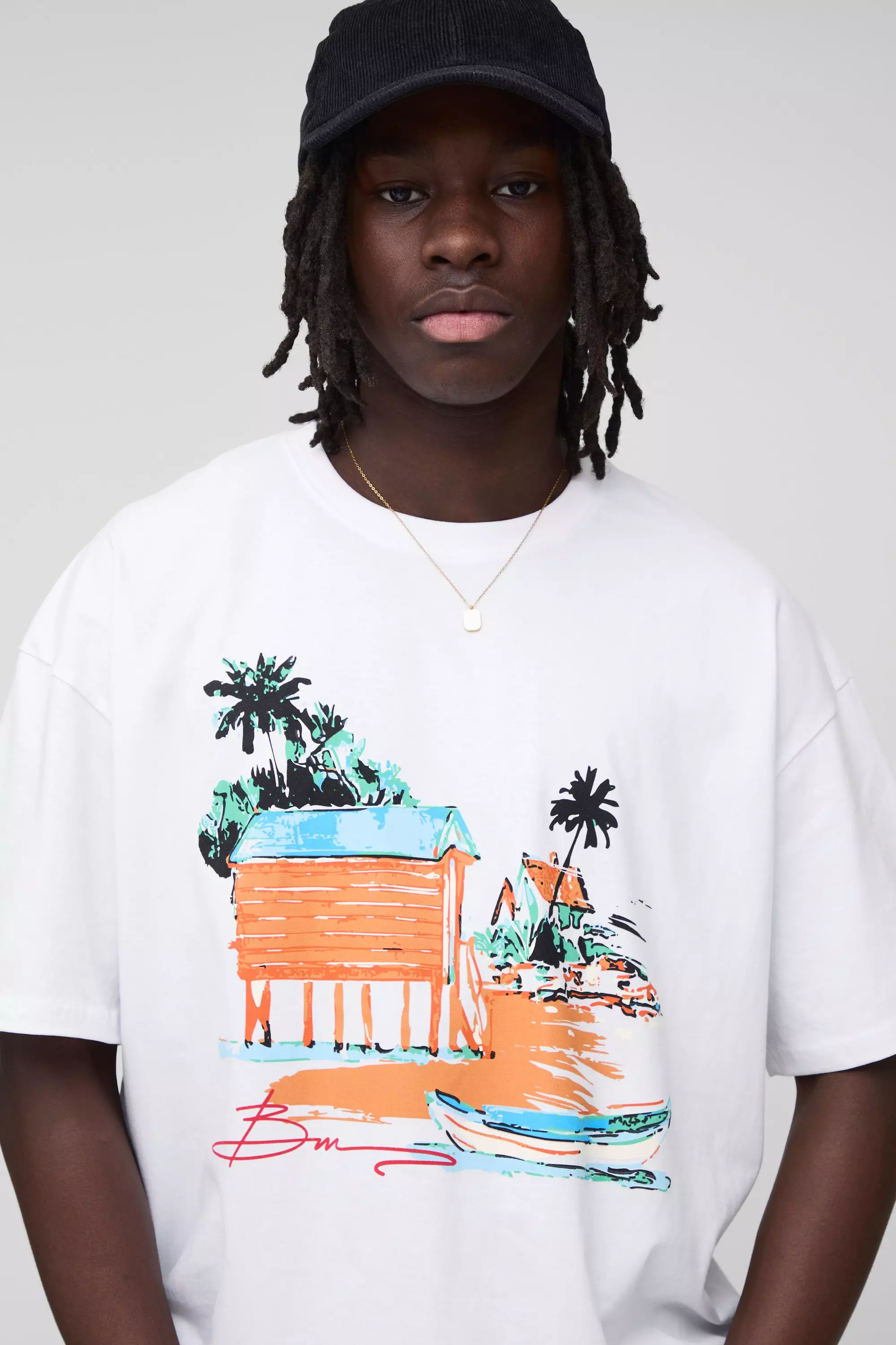 T-Shirt Oversize Bm Beach Con Stampa Di Paesaggio, White immagine alternativa