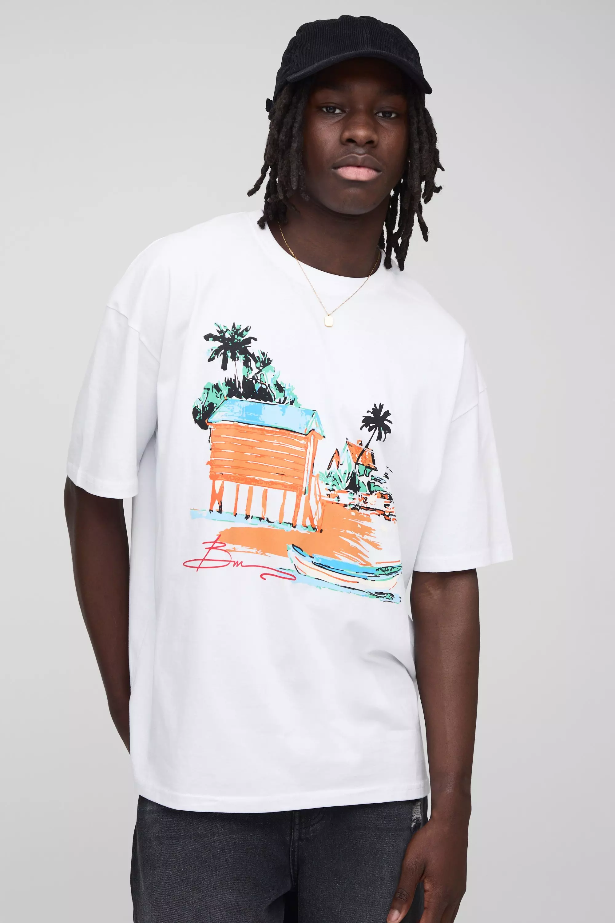 T-Shirt Oversize Bm Beach Con Stampa Di Paesaggio, White immagine alternativa