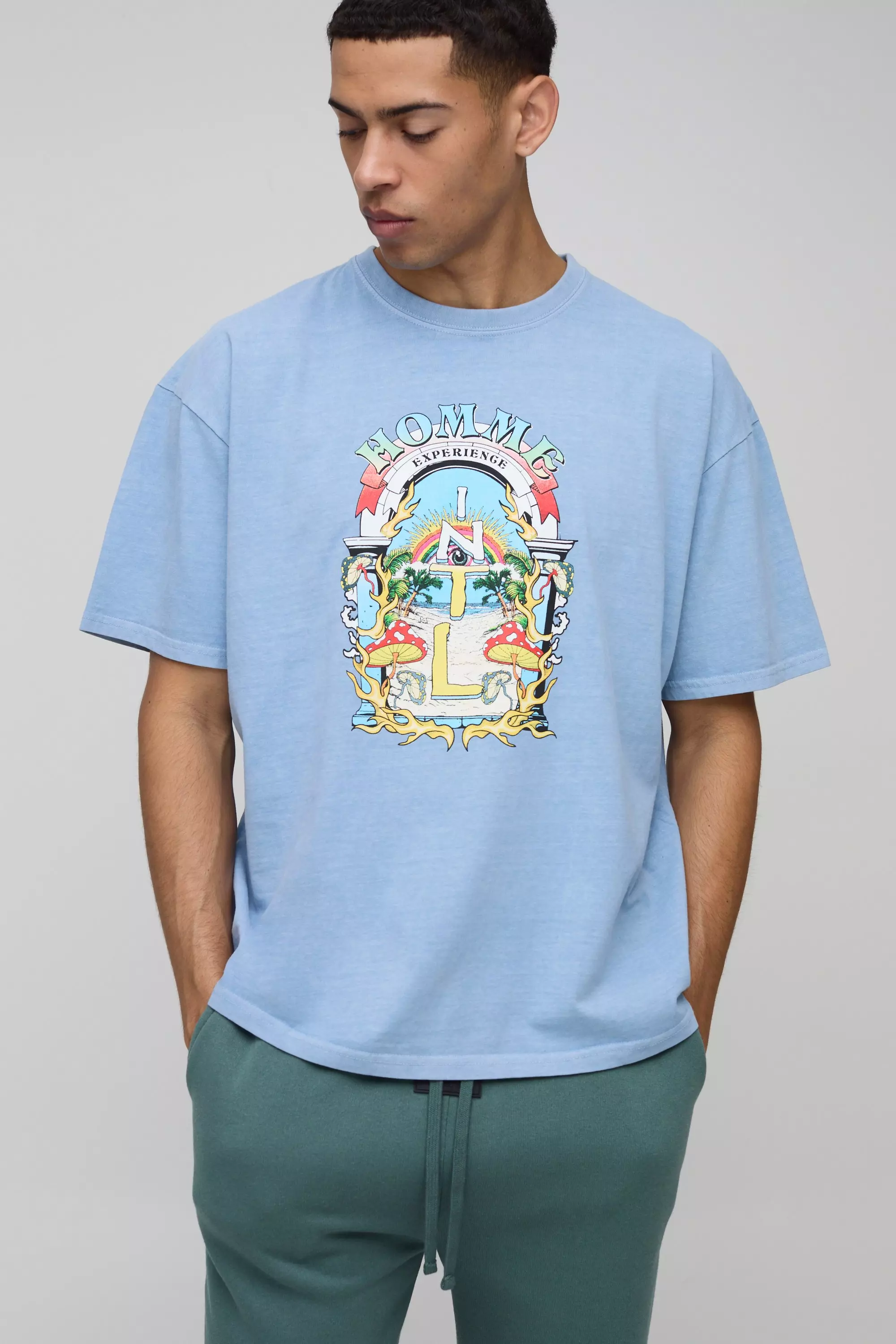 Oversize T-Shirt mit Homme Resort Print, Light blue alternatives Bild