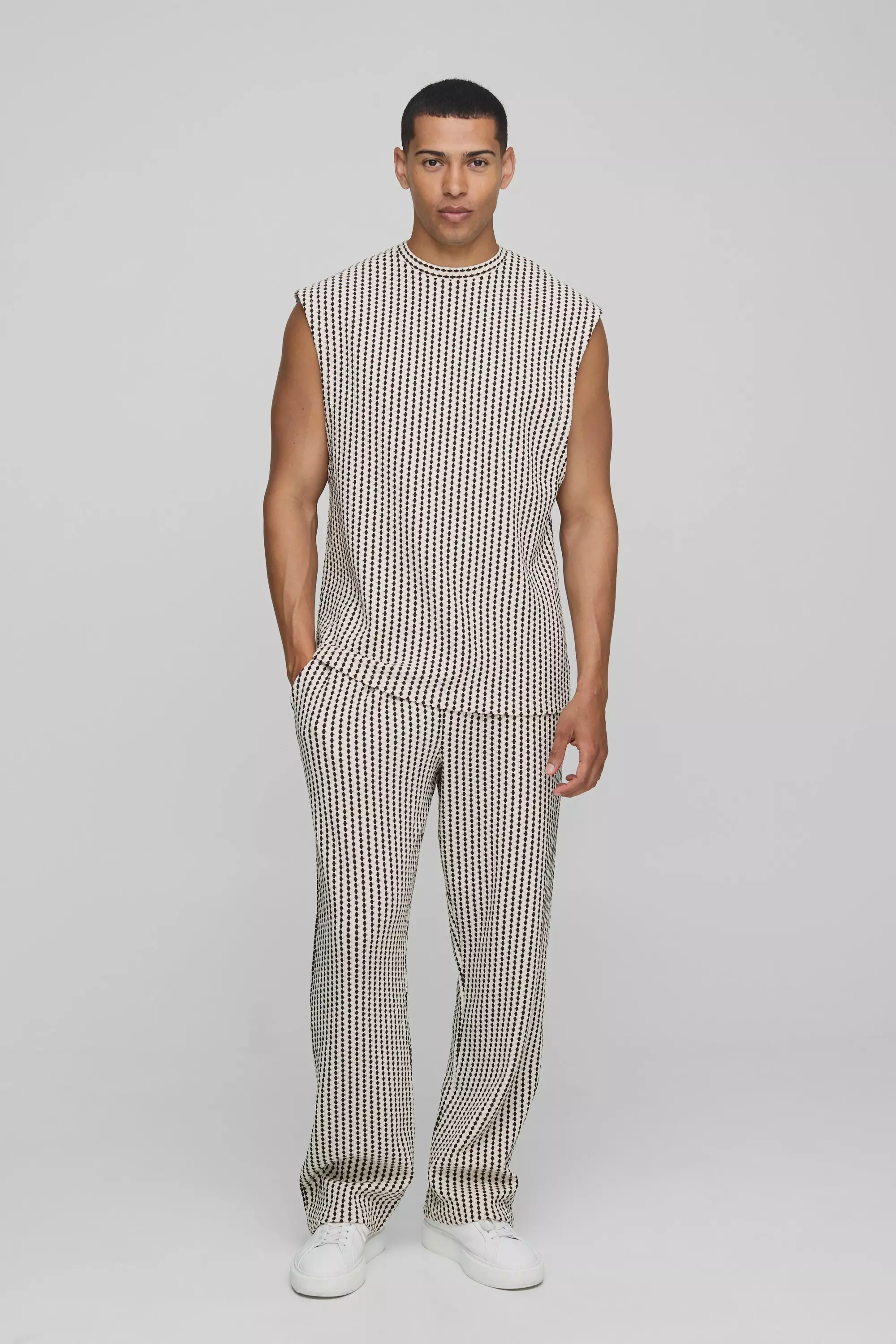 Regular Fit Drop Shoulder Jacquard Stripe Tank & Jogger Set Chocolate
