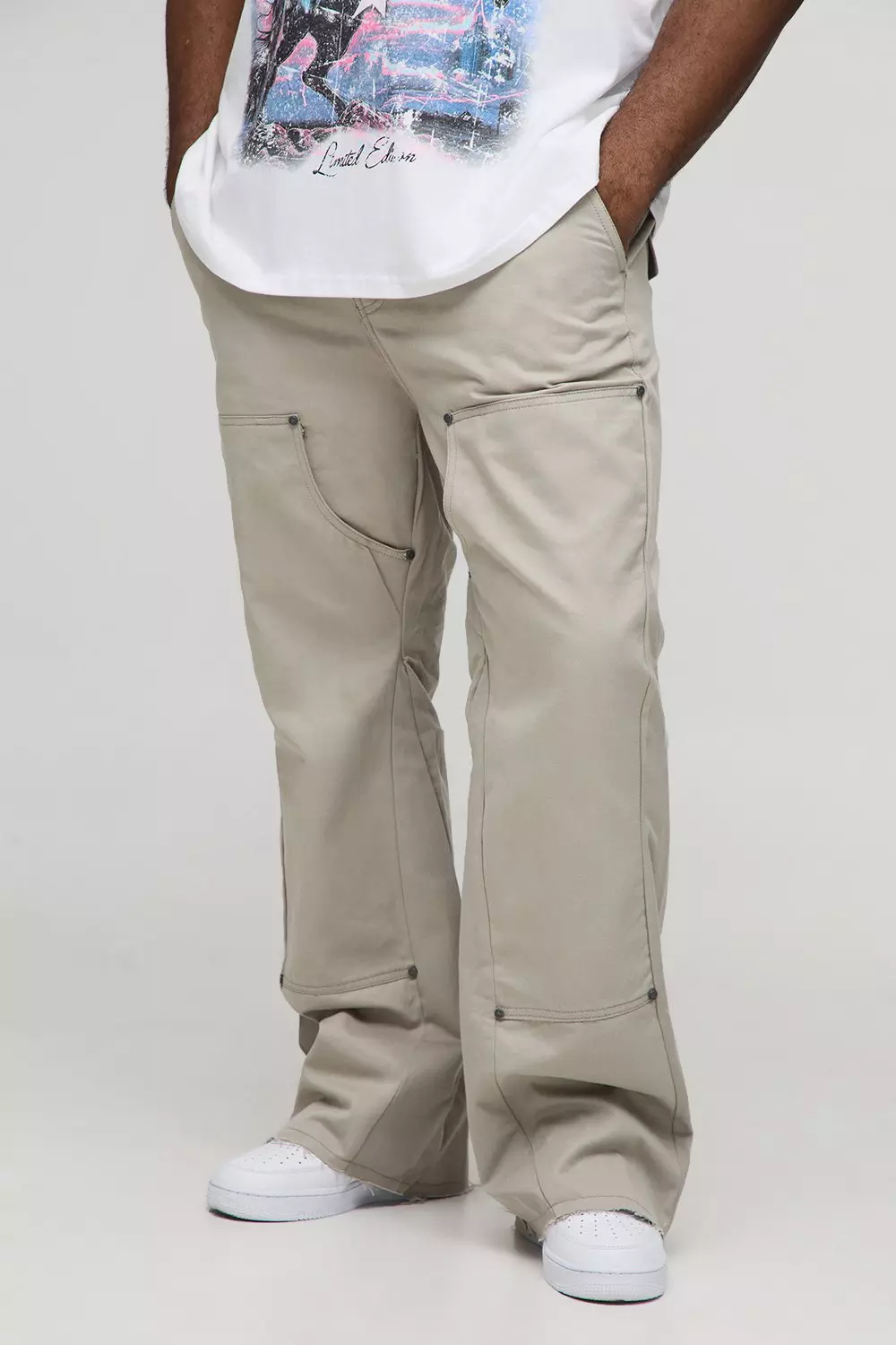 Plus Slim Fit Washed Raw Hem Carpenter Flared Trousers | boohooMAN USA