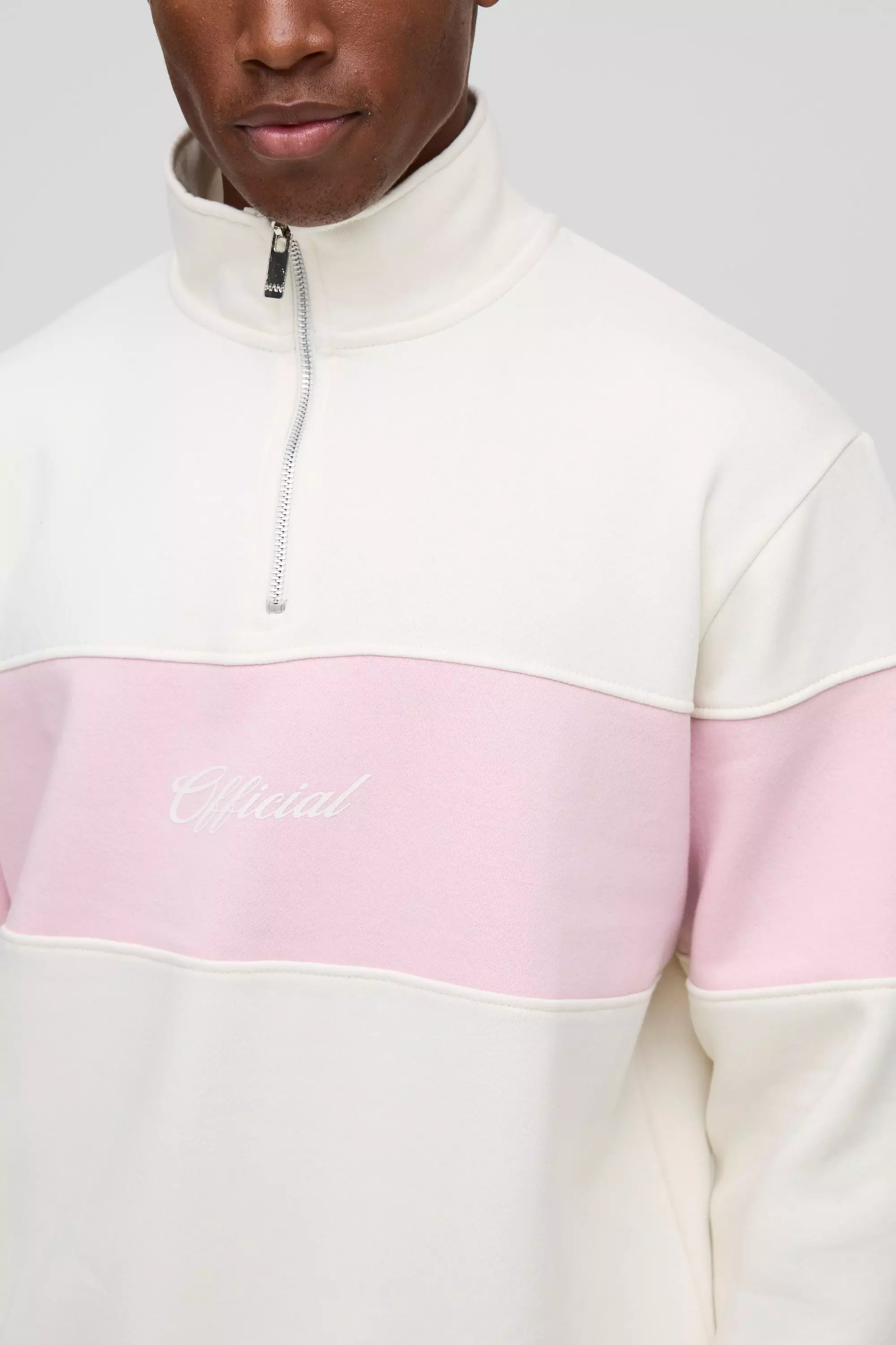 Regular Fit Official Script Colour Block Zip Funnel Neck Sweatshirt | boohooMAN USA