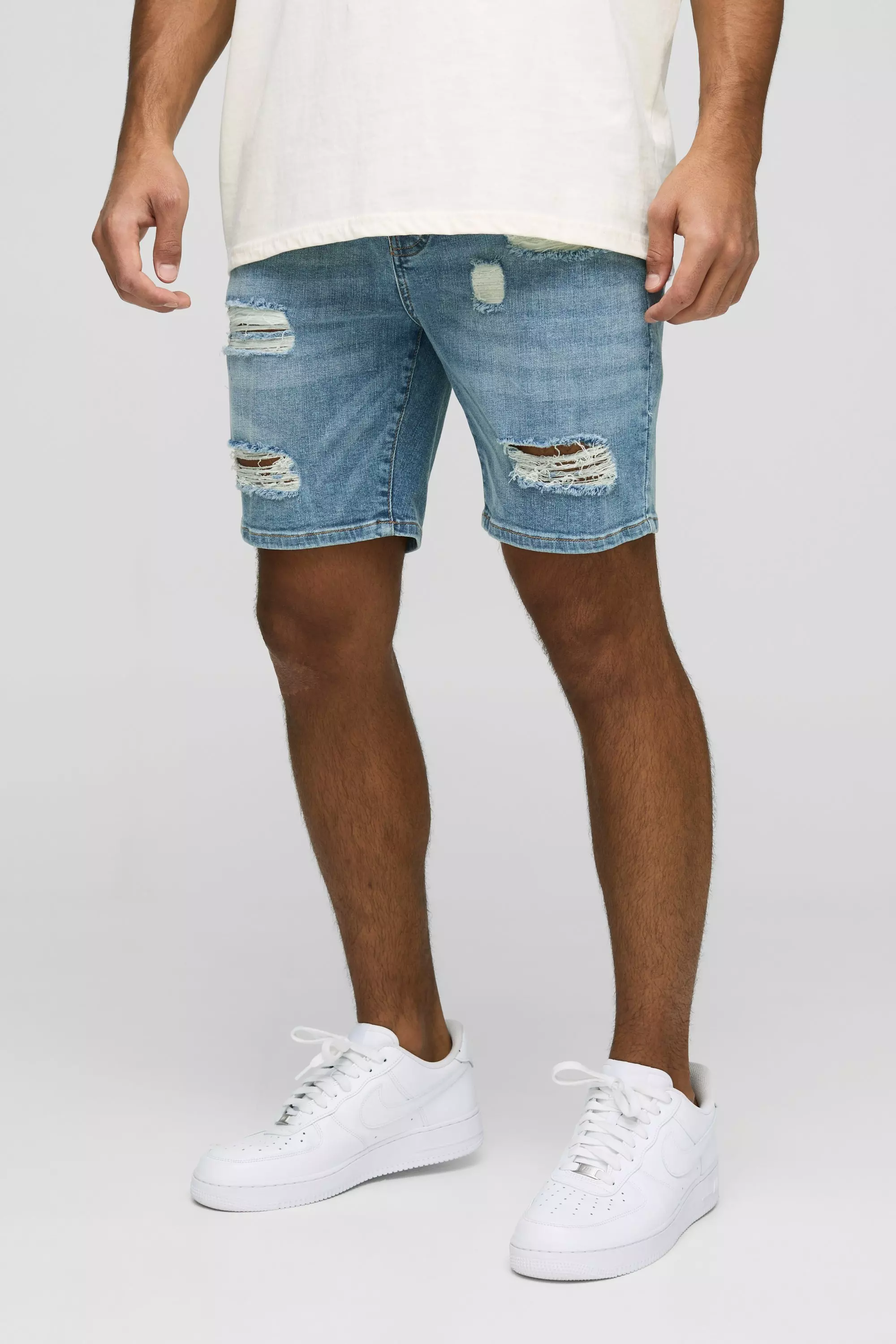 Skinny Fit Ripped Washed Light Blue Denim Shorts Light blue