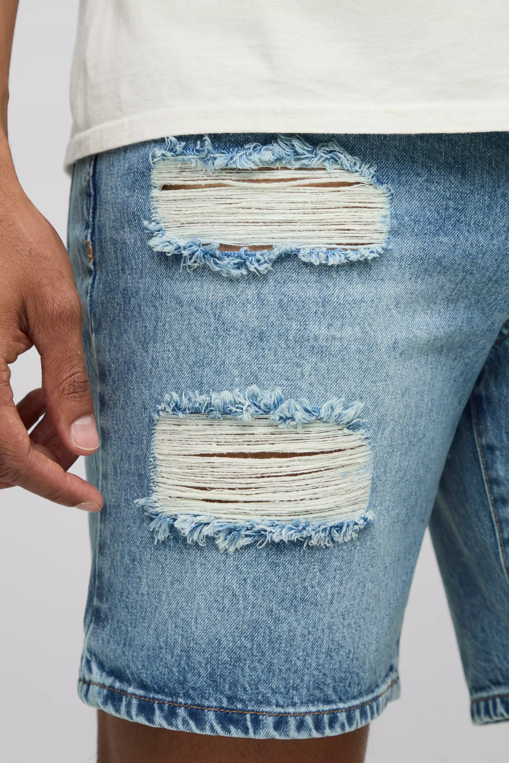 Slim Fit Ripped Washed Blue Denim Shorts | boohooMAN USA