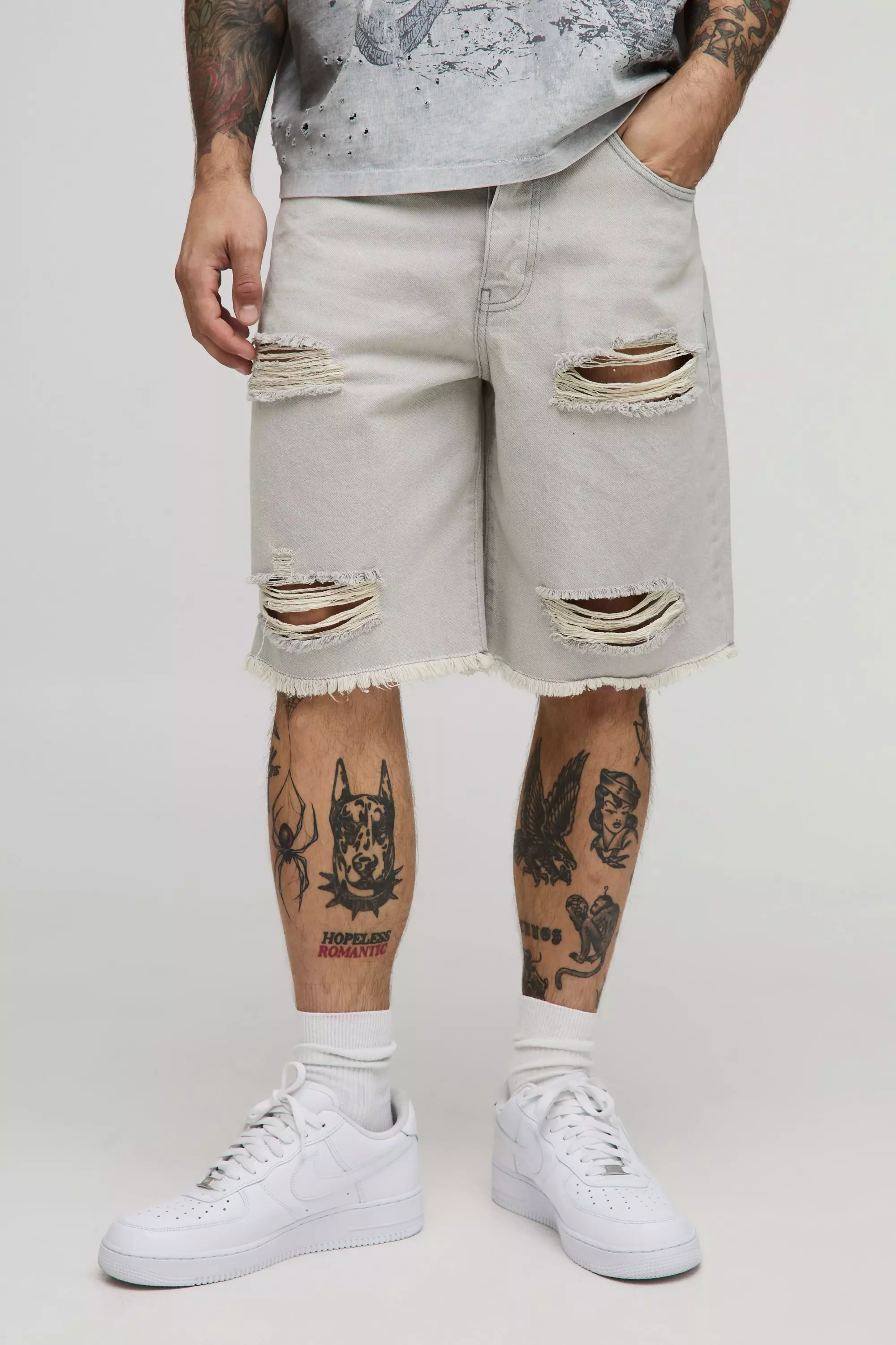 Relaxed Fit Ripped Washed Denim Shorts Grey