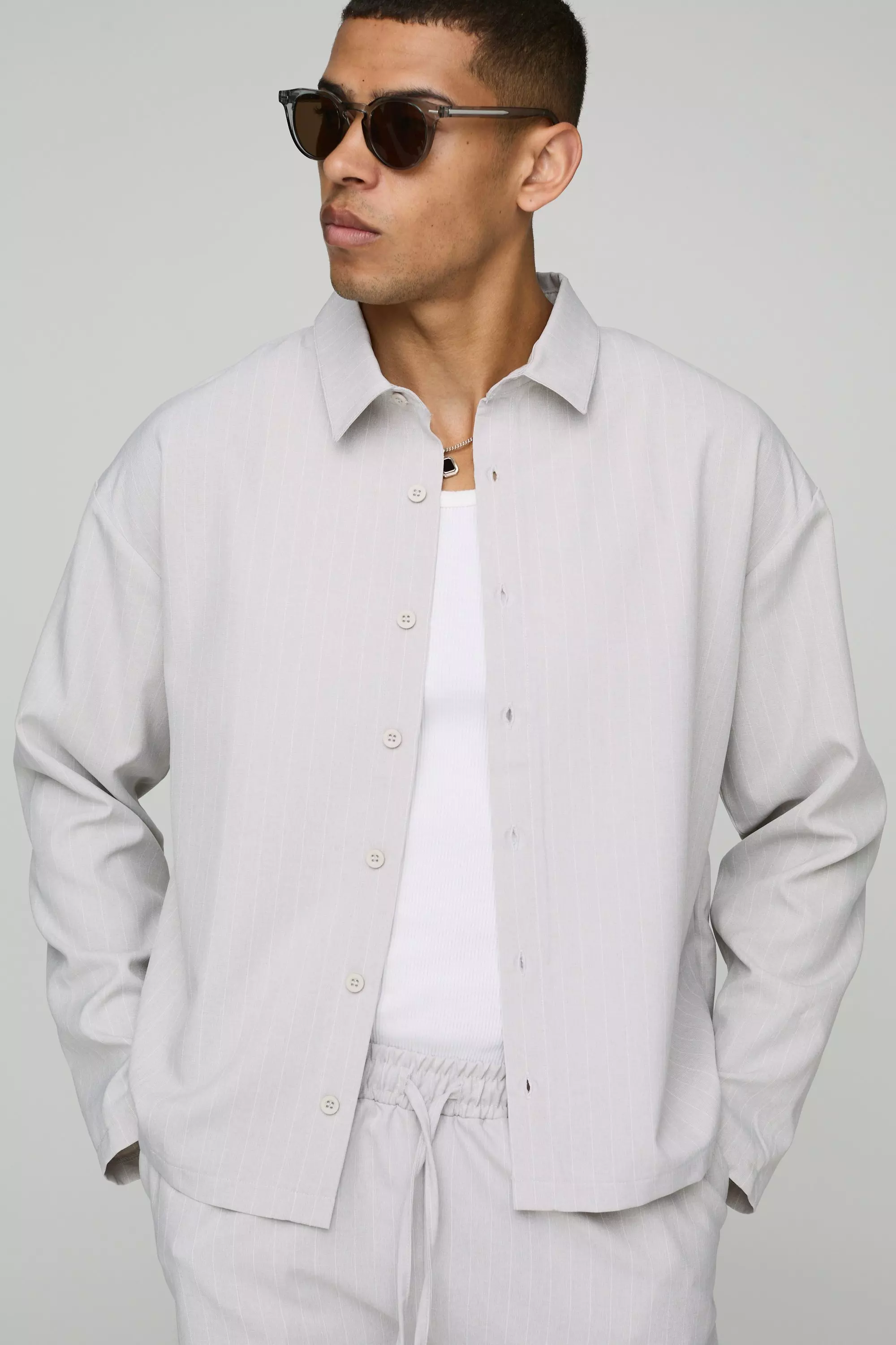 Surchemise oversize à rayures fines, Light grey autre image