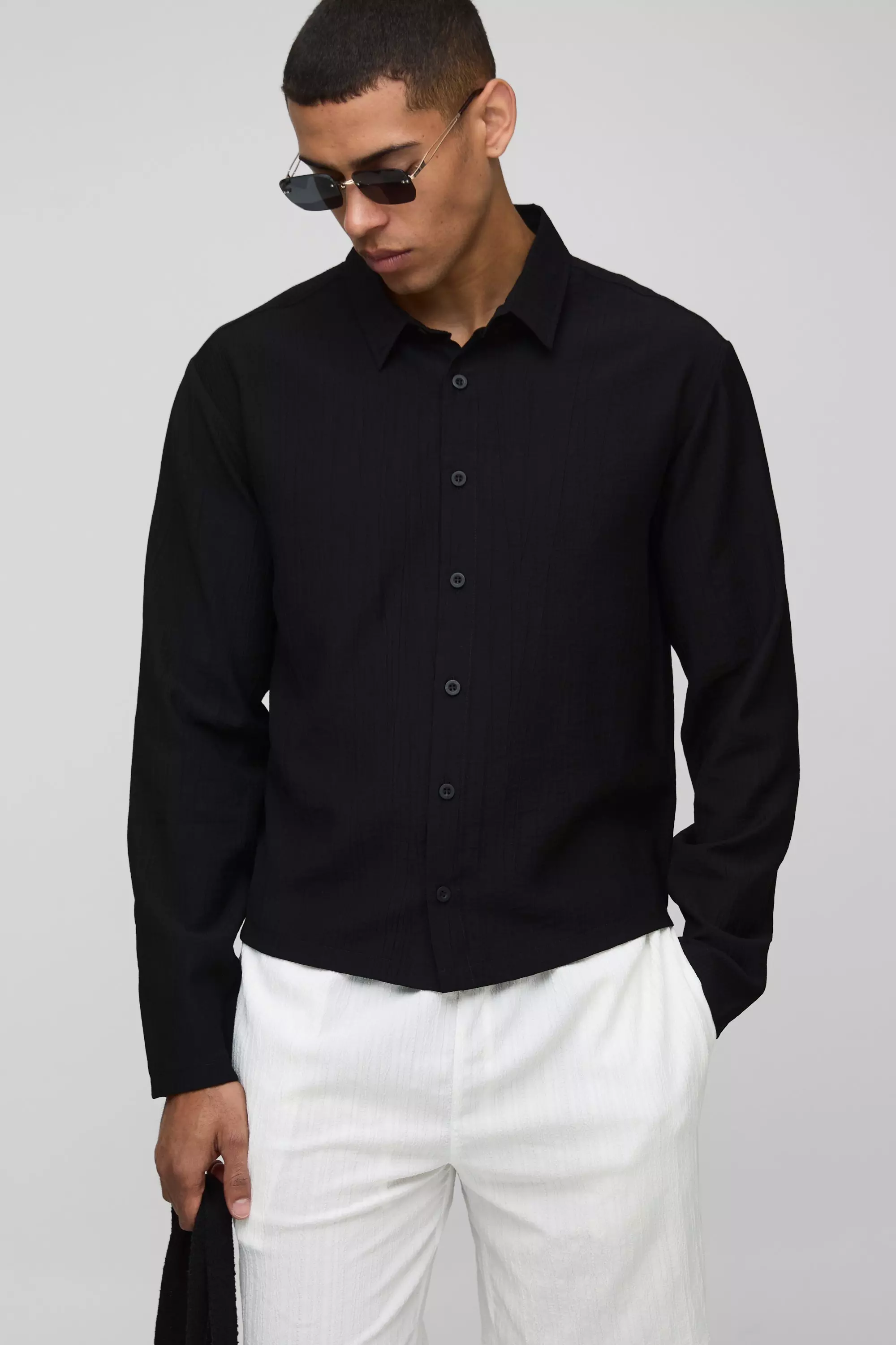 Black Regular Fit Crinkle Cotton Long Sleeve Shirt alternative image
