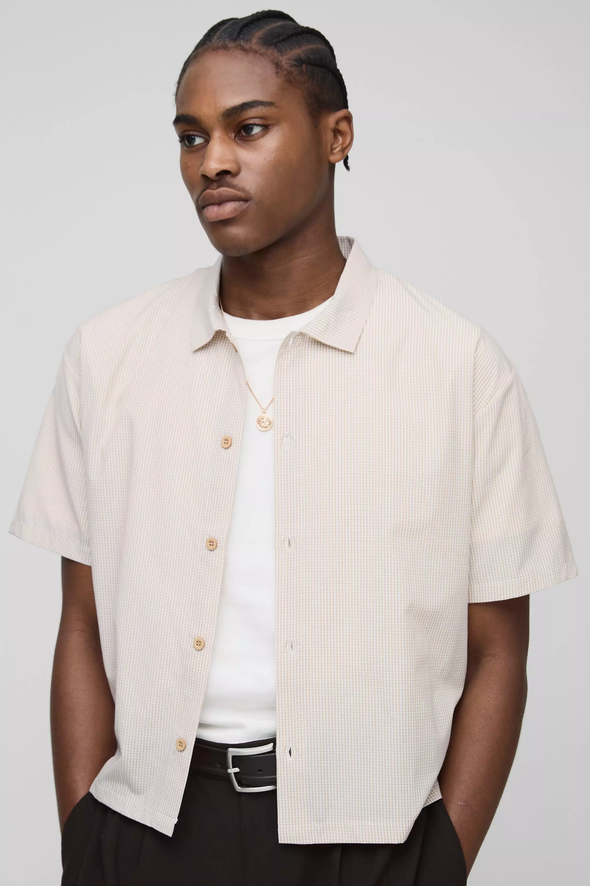 Oversized Boxy Micro Plaid Collared Shirt Stone