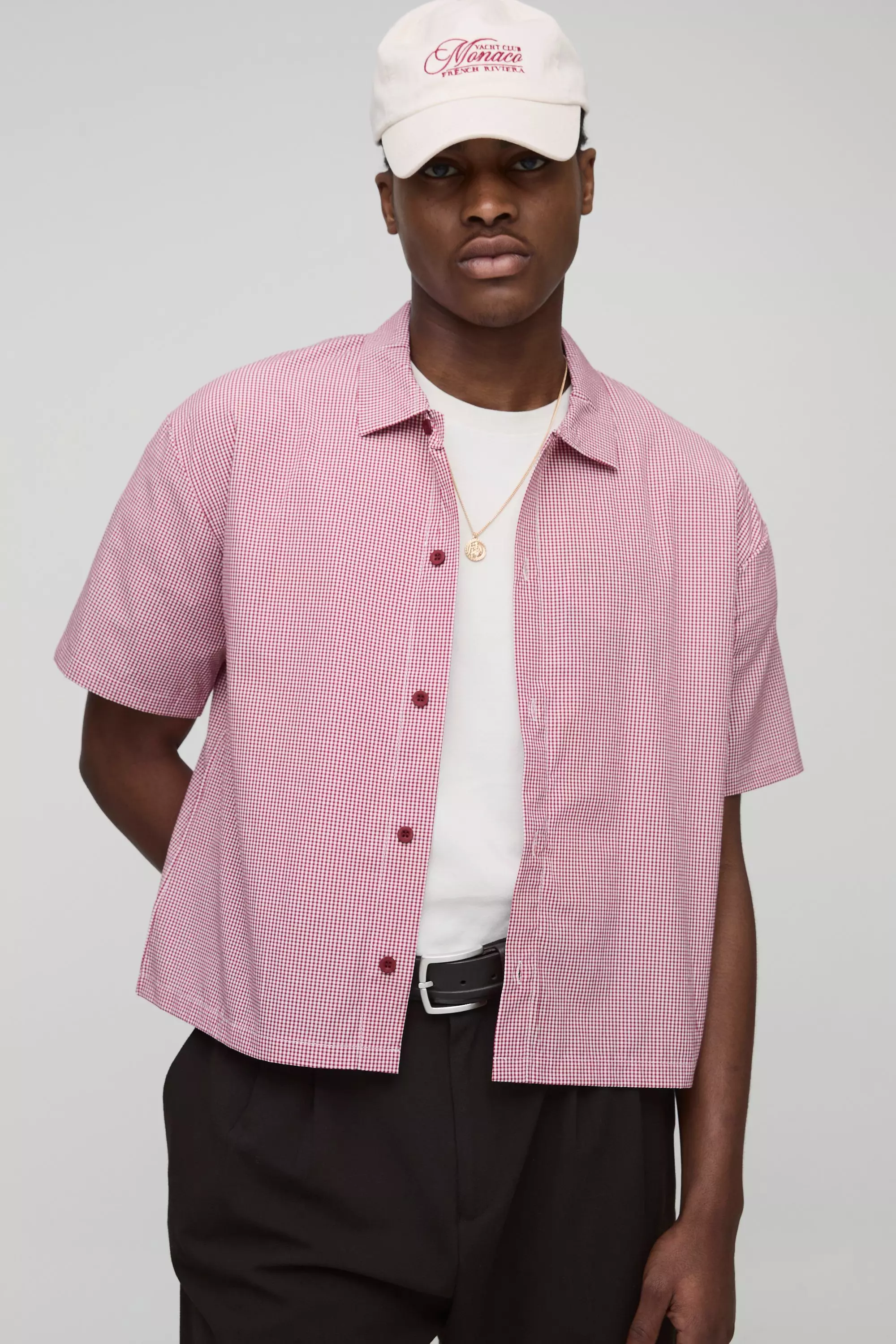 Burgundy Red Oversized Boxy Micro Plaid Collared Shirt
