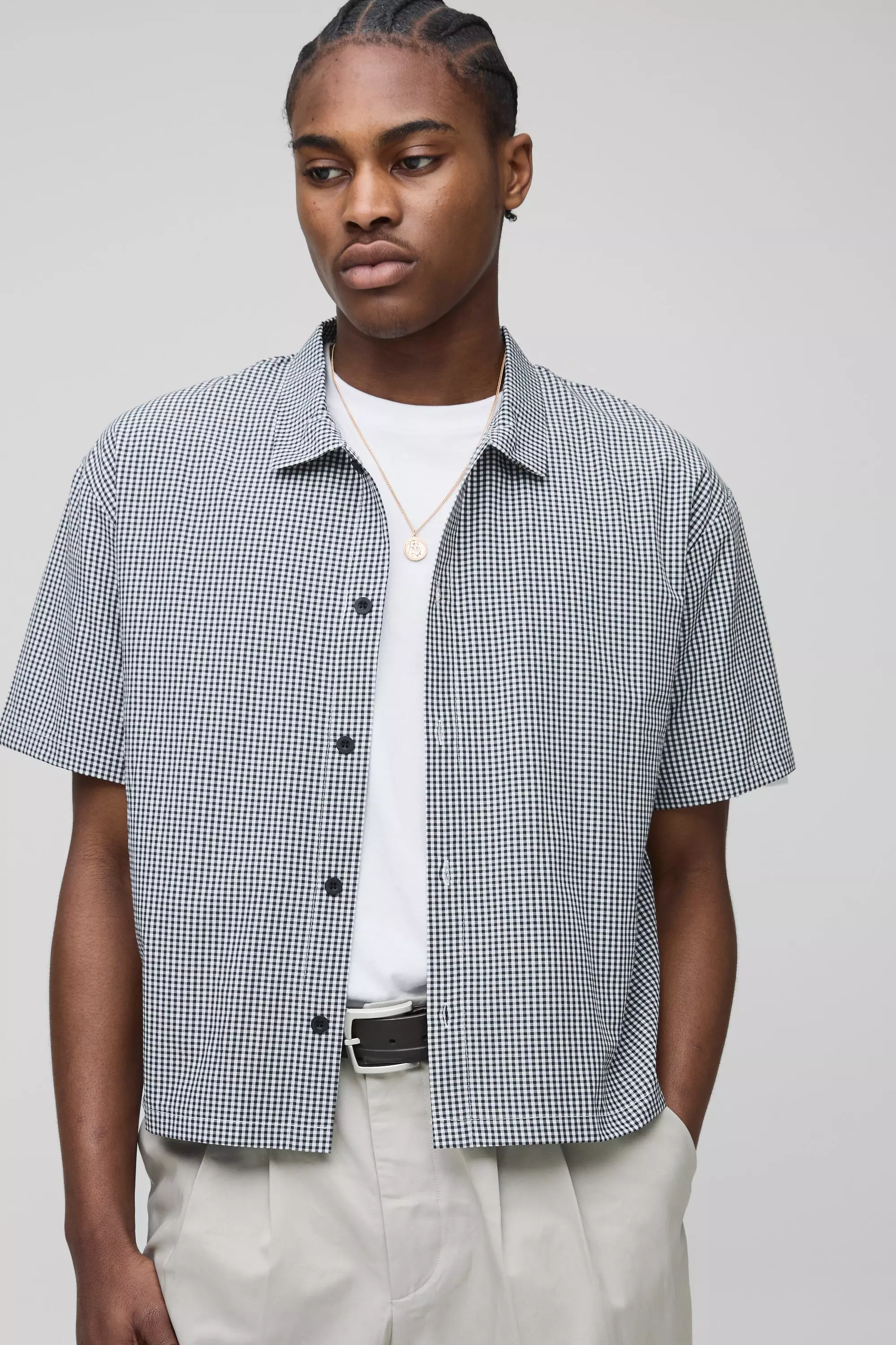 Black Oversized Boxy Micro Plaid Collared Shirt alternative image