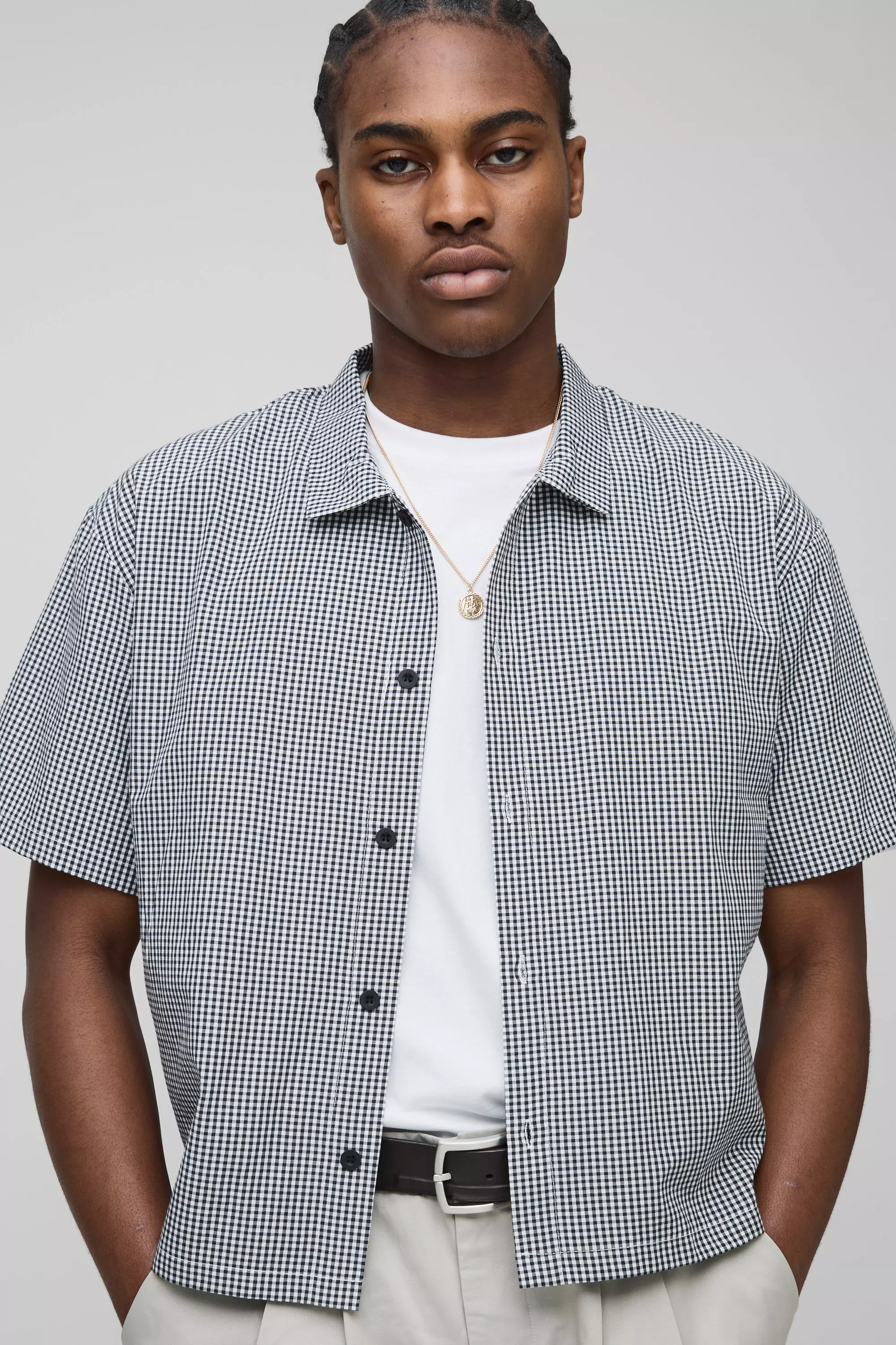 Black Oversized Boxy Micro Plaid Collared Shirt alternative image