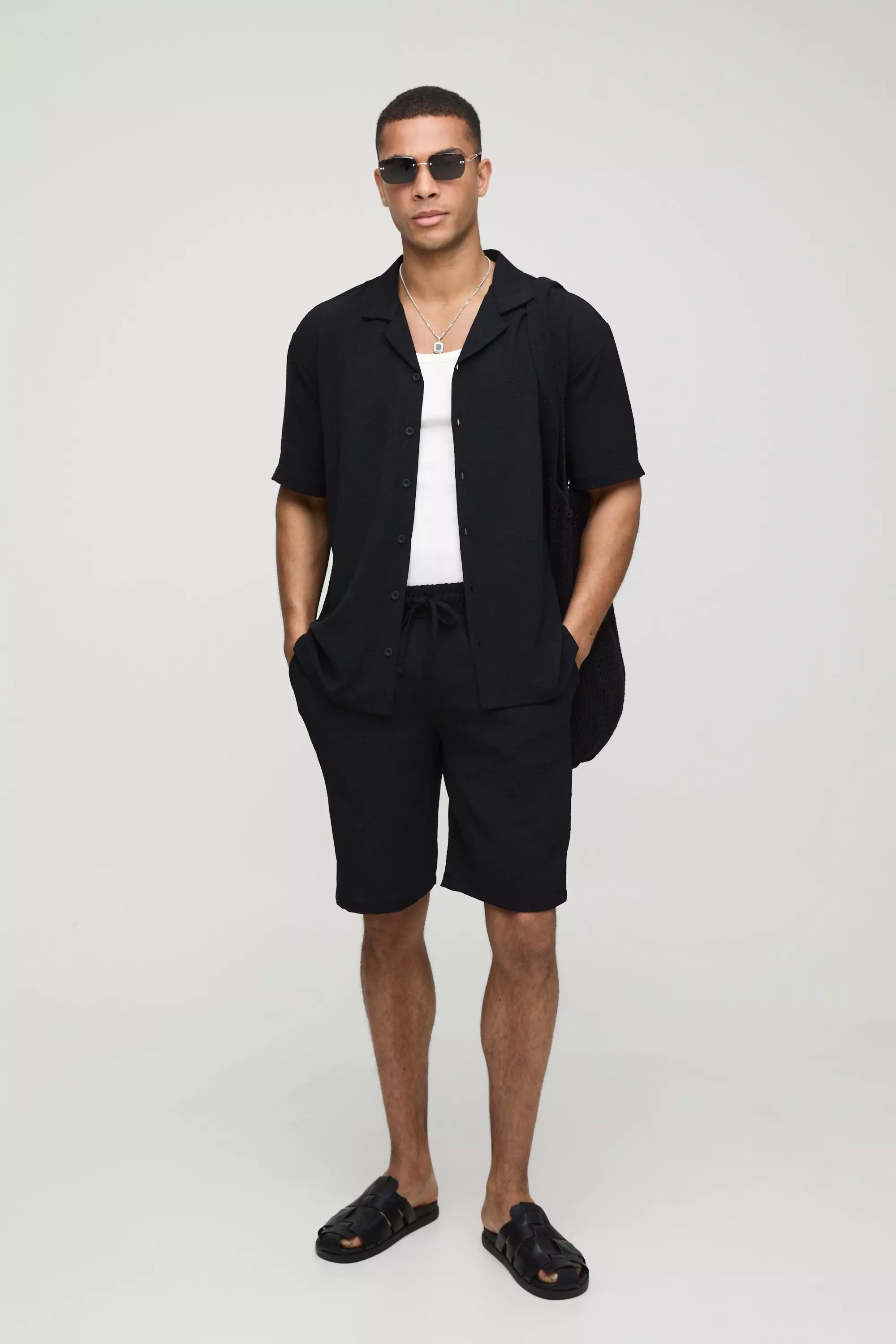 Black Oversized Crinkle Shirt & Relaxed Short Set