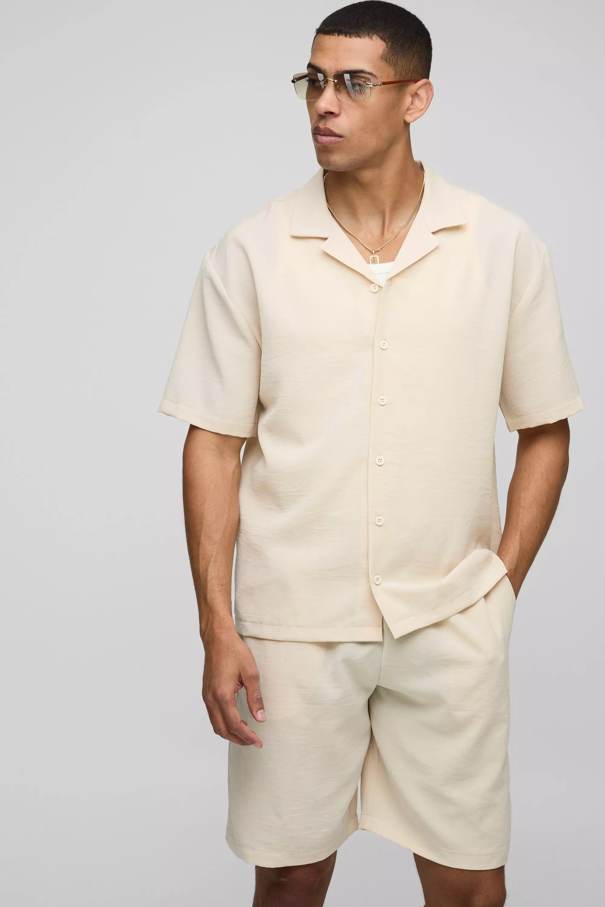 Oversized Crinkle Shirt & Relaxed Short Set Taupe