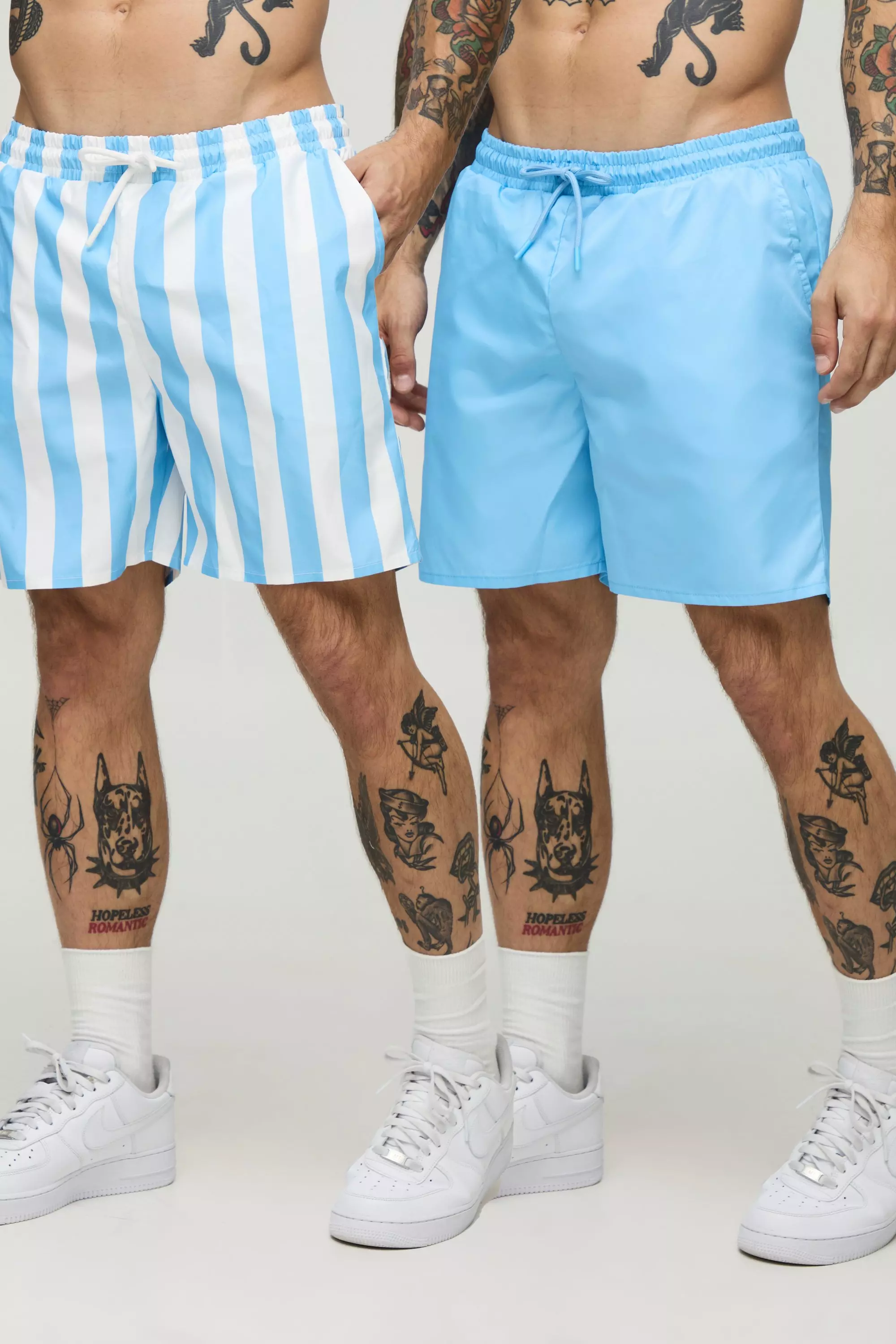 Blue 2 Pack Wide Stripe and Plain Mid Length Swim Short alternative image