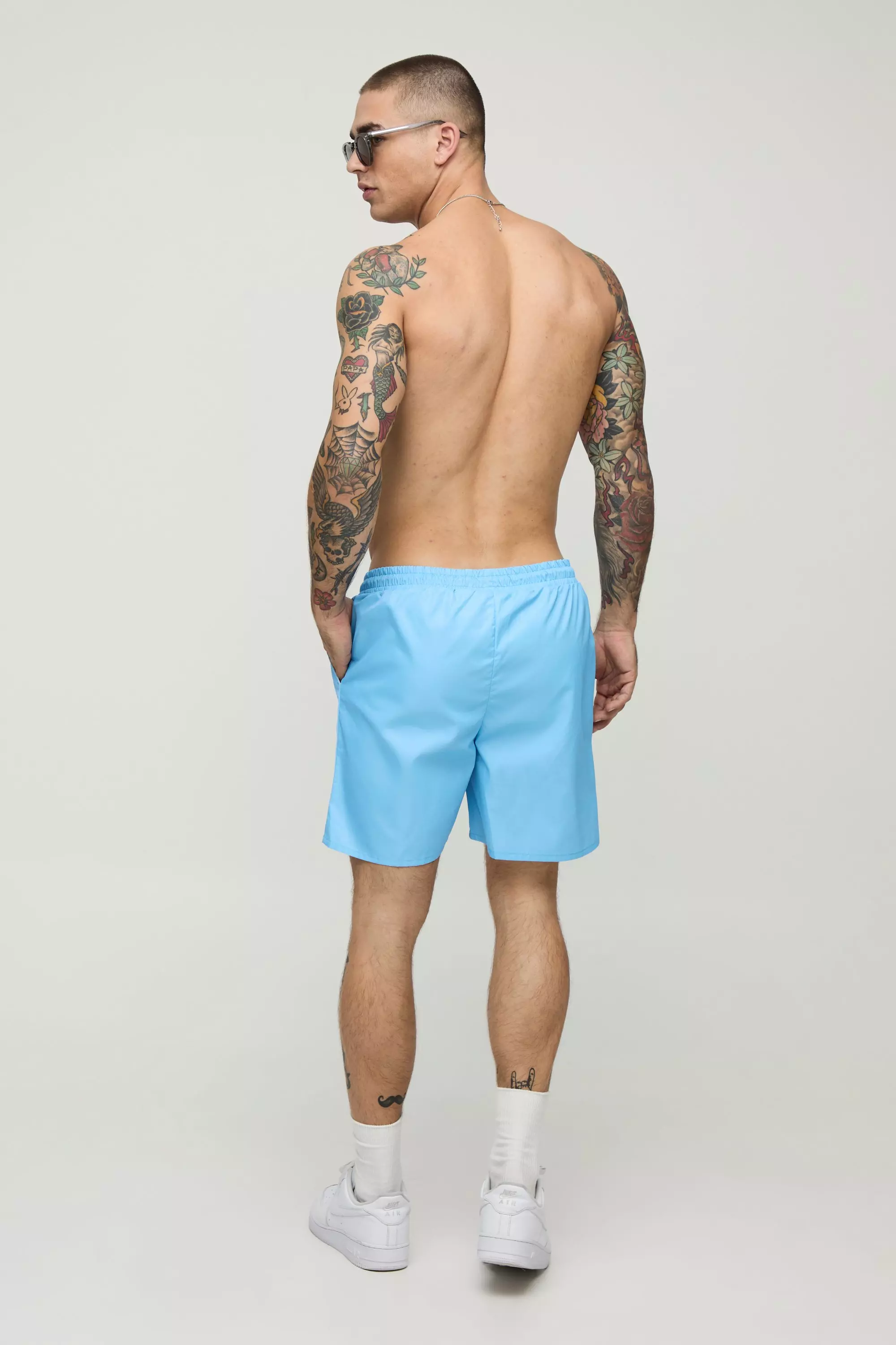 Blue 2 Pack Wide Stripe and Plain Mid Length Swim Short alternative image