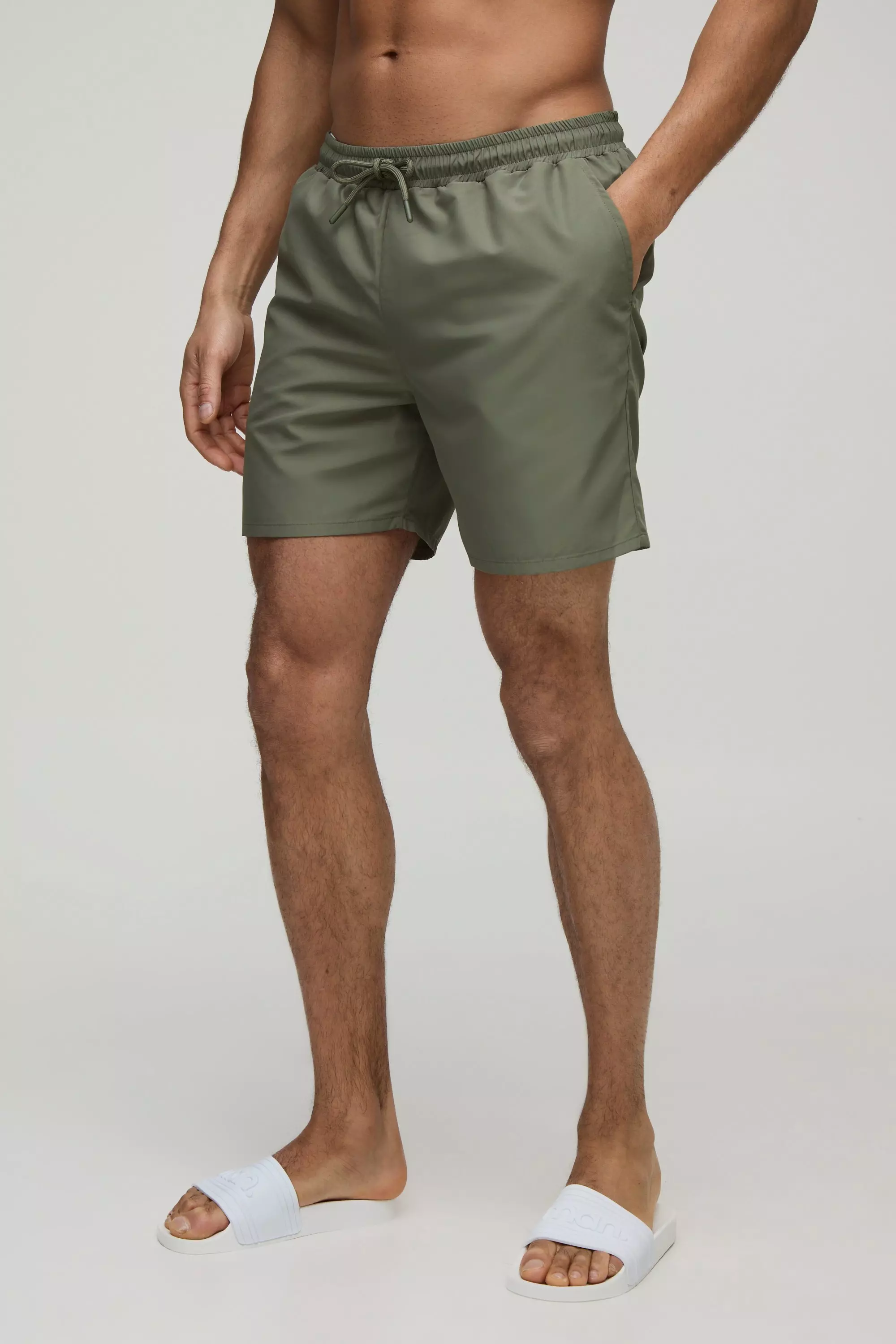 Man Embroidered Mid Length Swim Trunks Khaki
