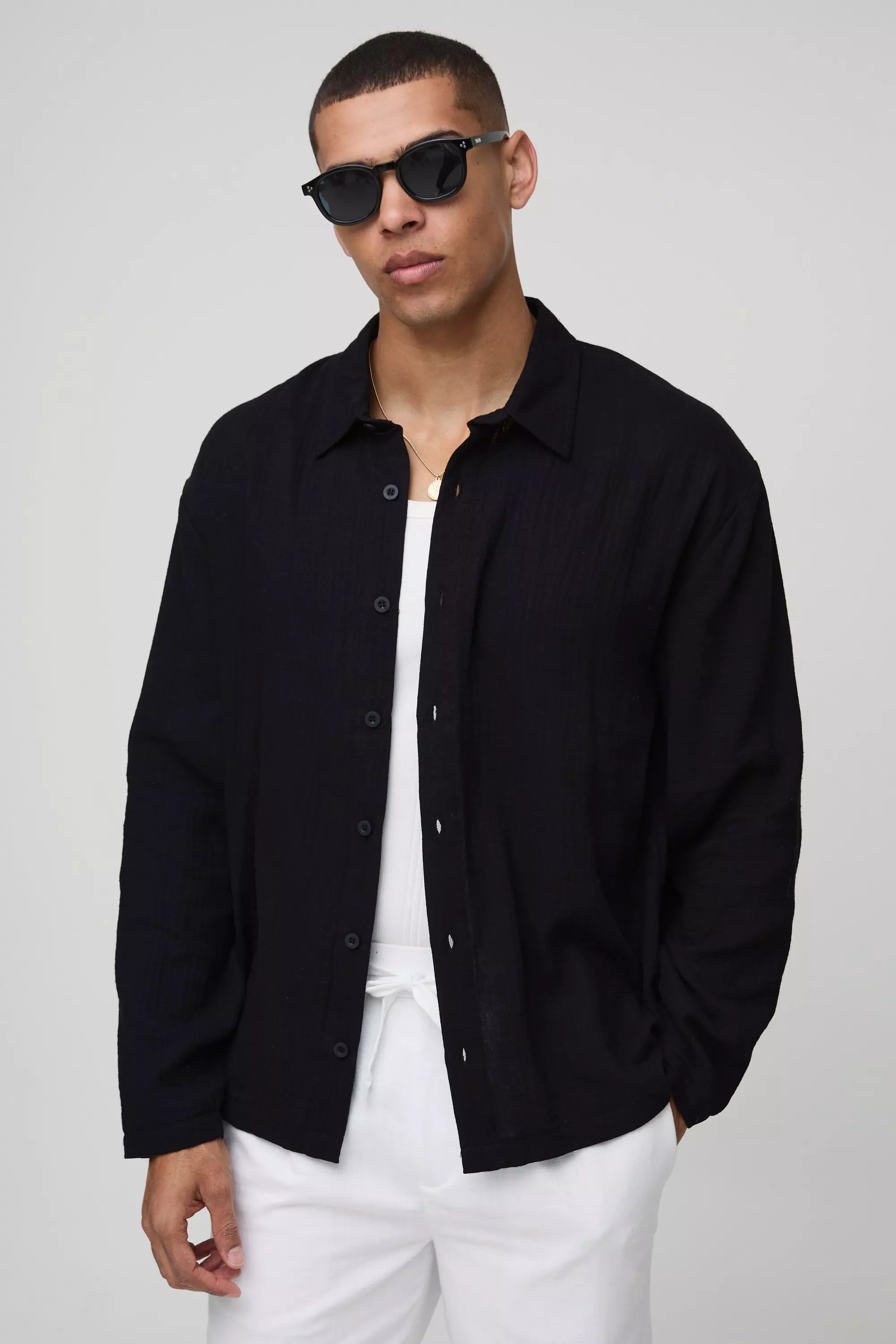 Oversized Collared Long Sleeve Cheesecloth Shirt Black