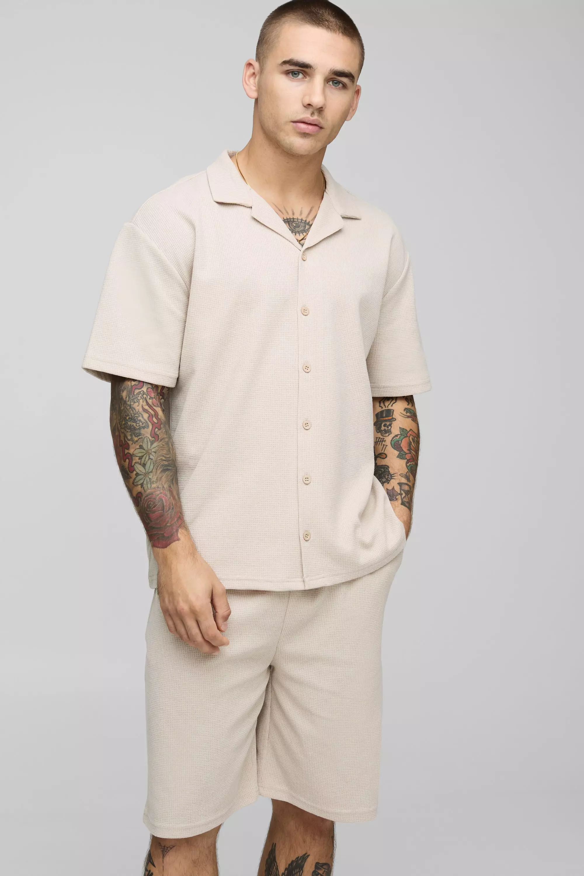 Oversized Boxy Scuba Revere Shirt and Short Set | boohooMAN USA