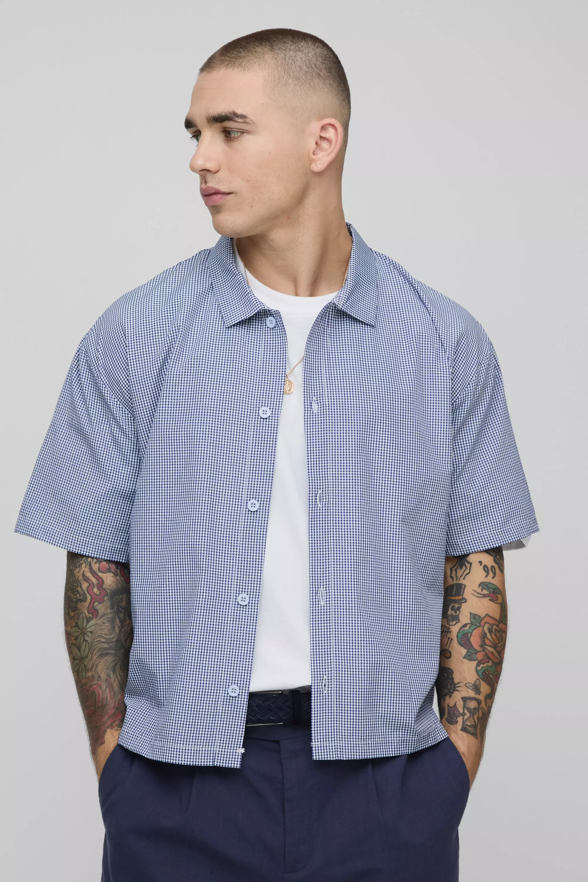 Blue Oversized Boxy Micro Plaid Collared Shirt alternative image
