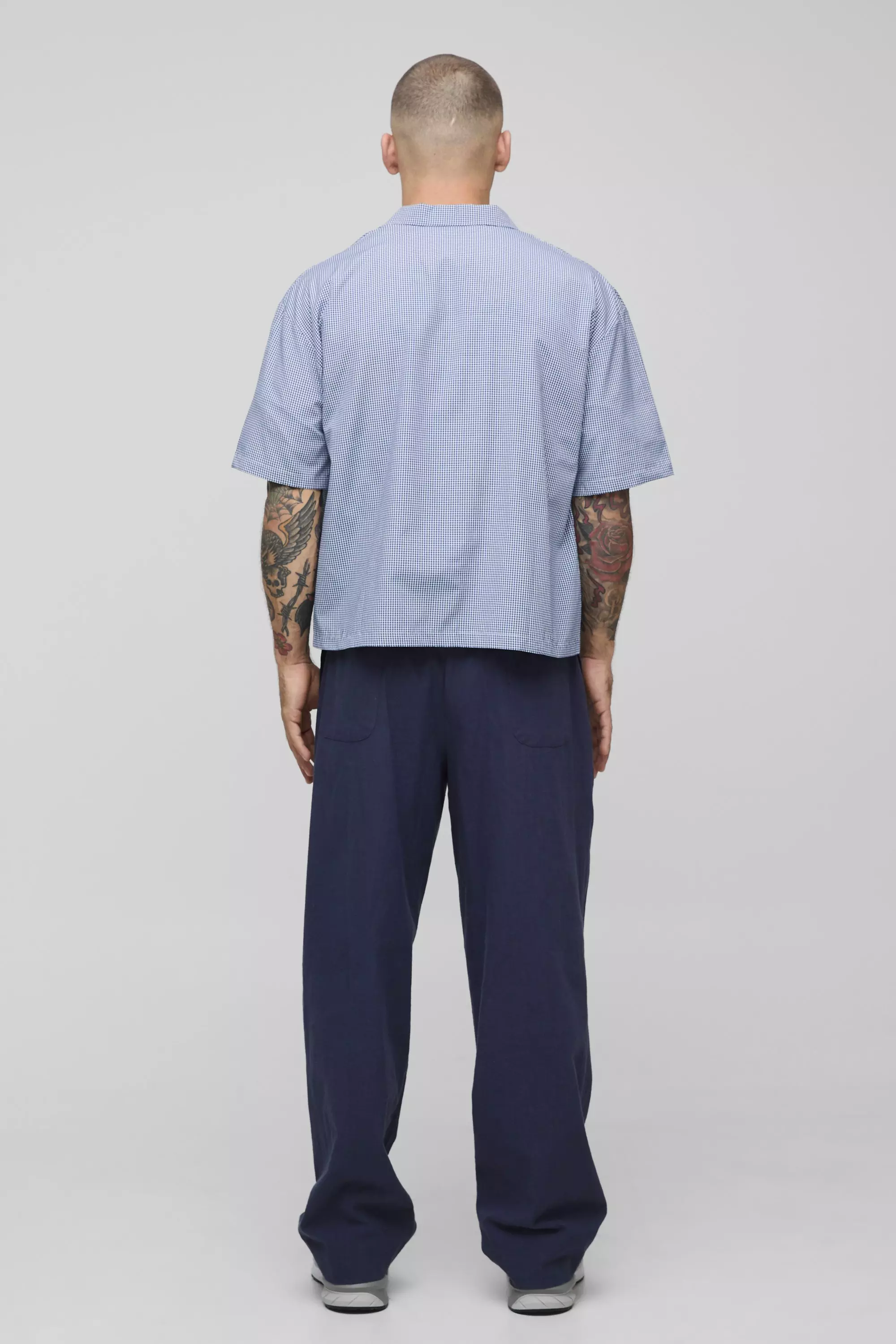 Blue Oversized Boxy Micro Plaid Collared Shirt alternative image