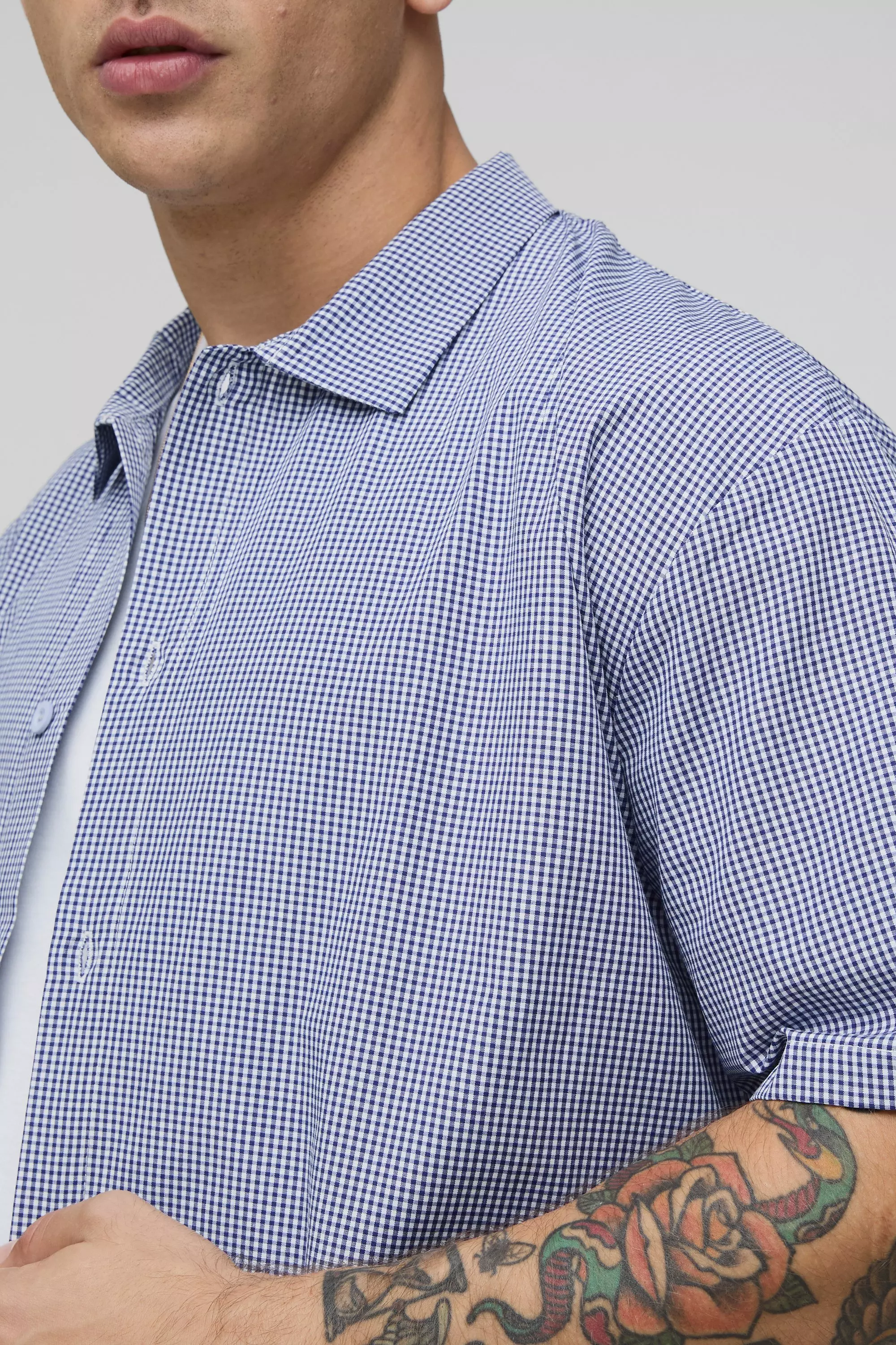 Blue Oversized Boxy Micro Plaid Collared Shirt alternative image