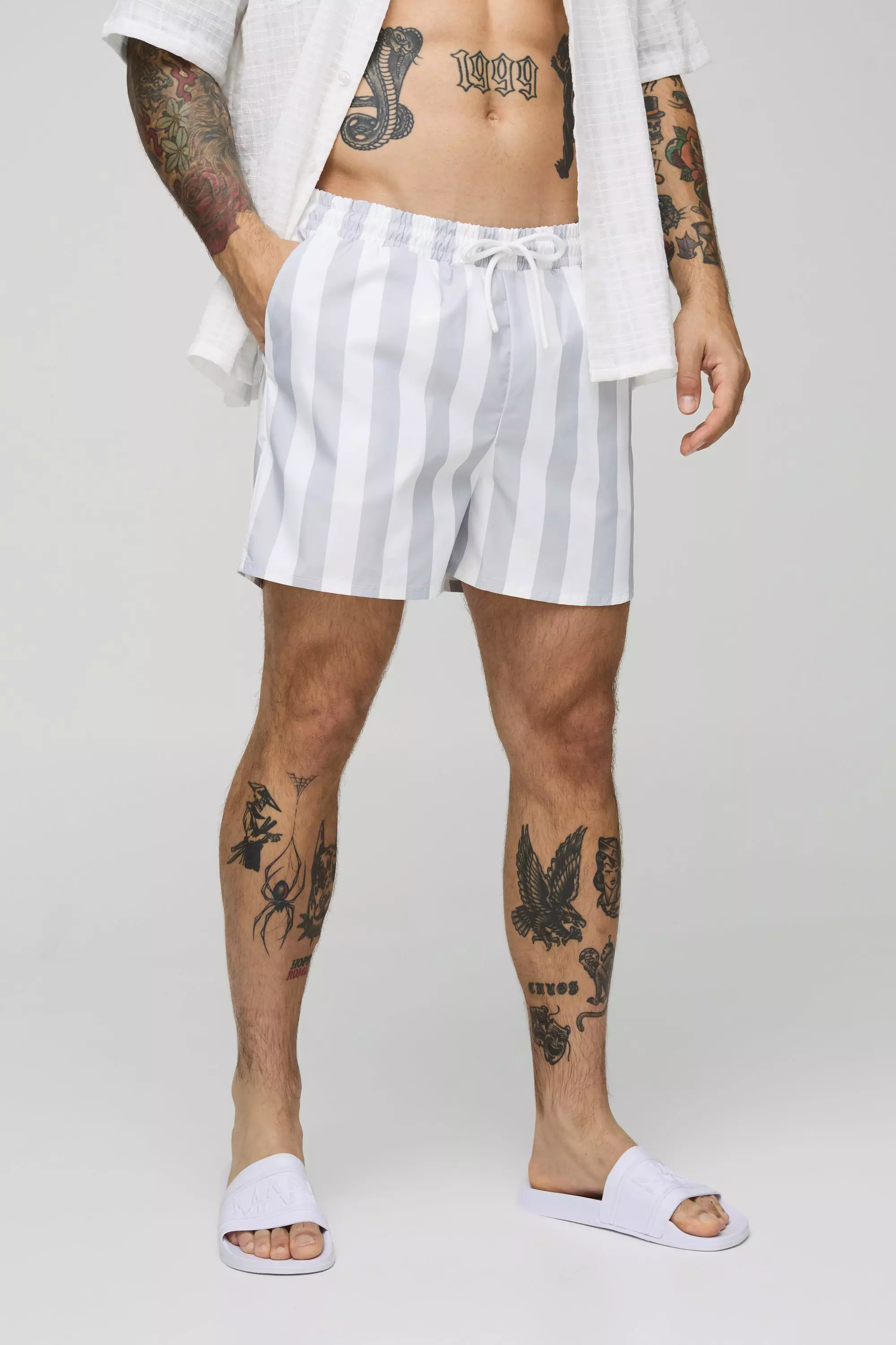 Wide Stripe Print Short Length Swim Trunks Light grey