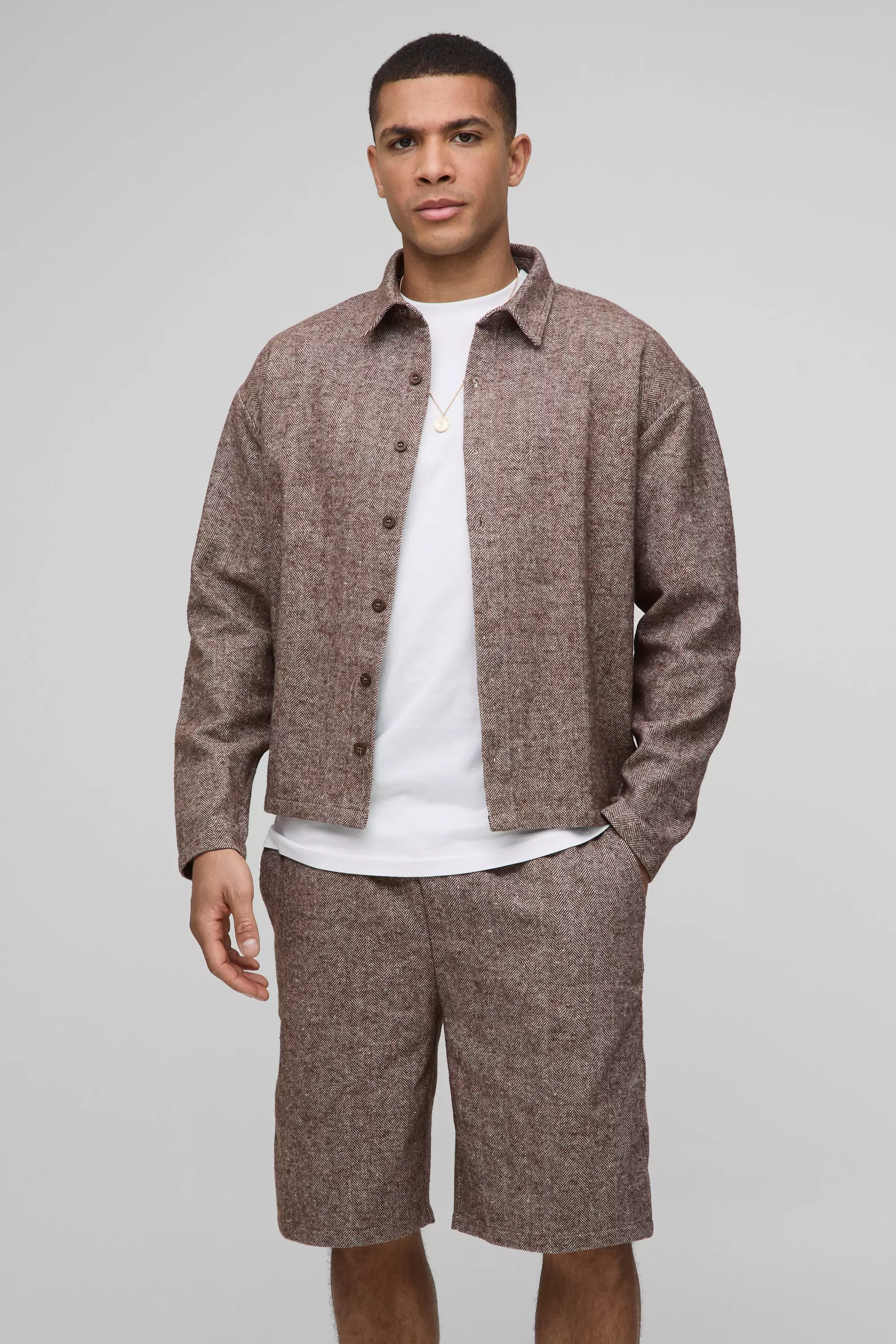 Brown Herringbone Oversized Shirt & Relaxed Short Set alternative image