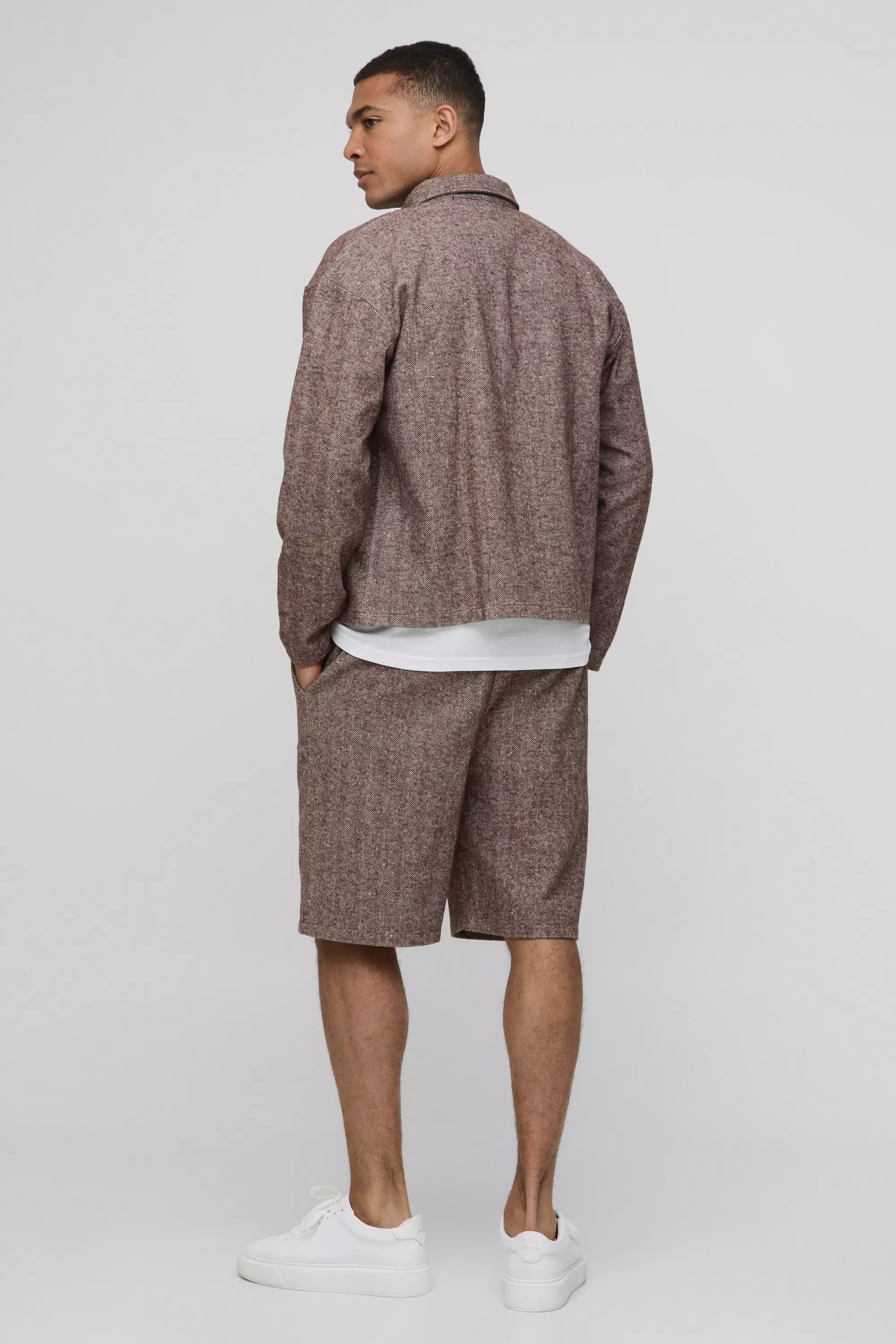 Brown Herringbone Oversized Shirt & Relaxed Short Set alternative image