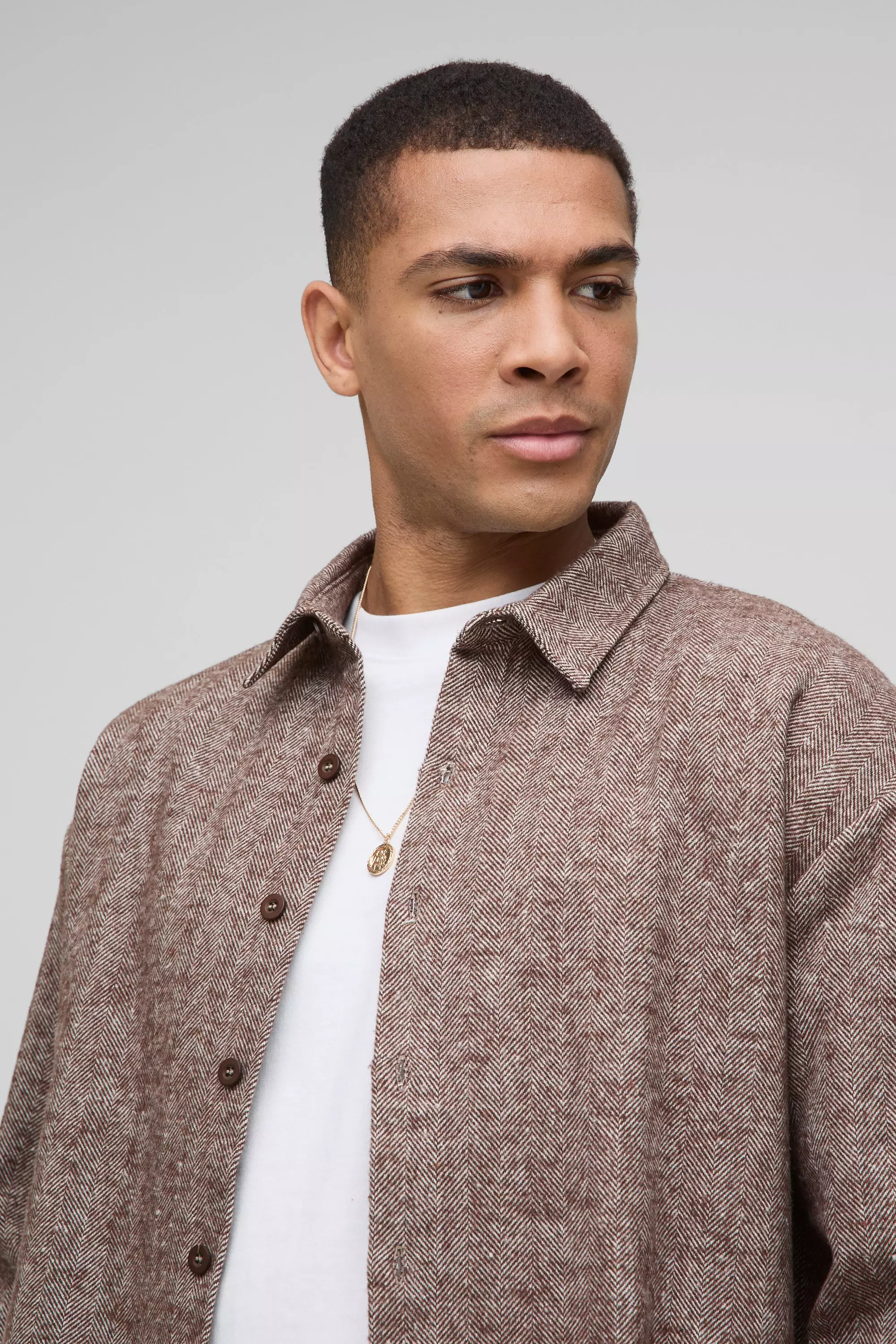 Brown Herringbone Oversized Shirt & Relaxed Short Set alternative image