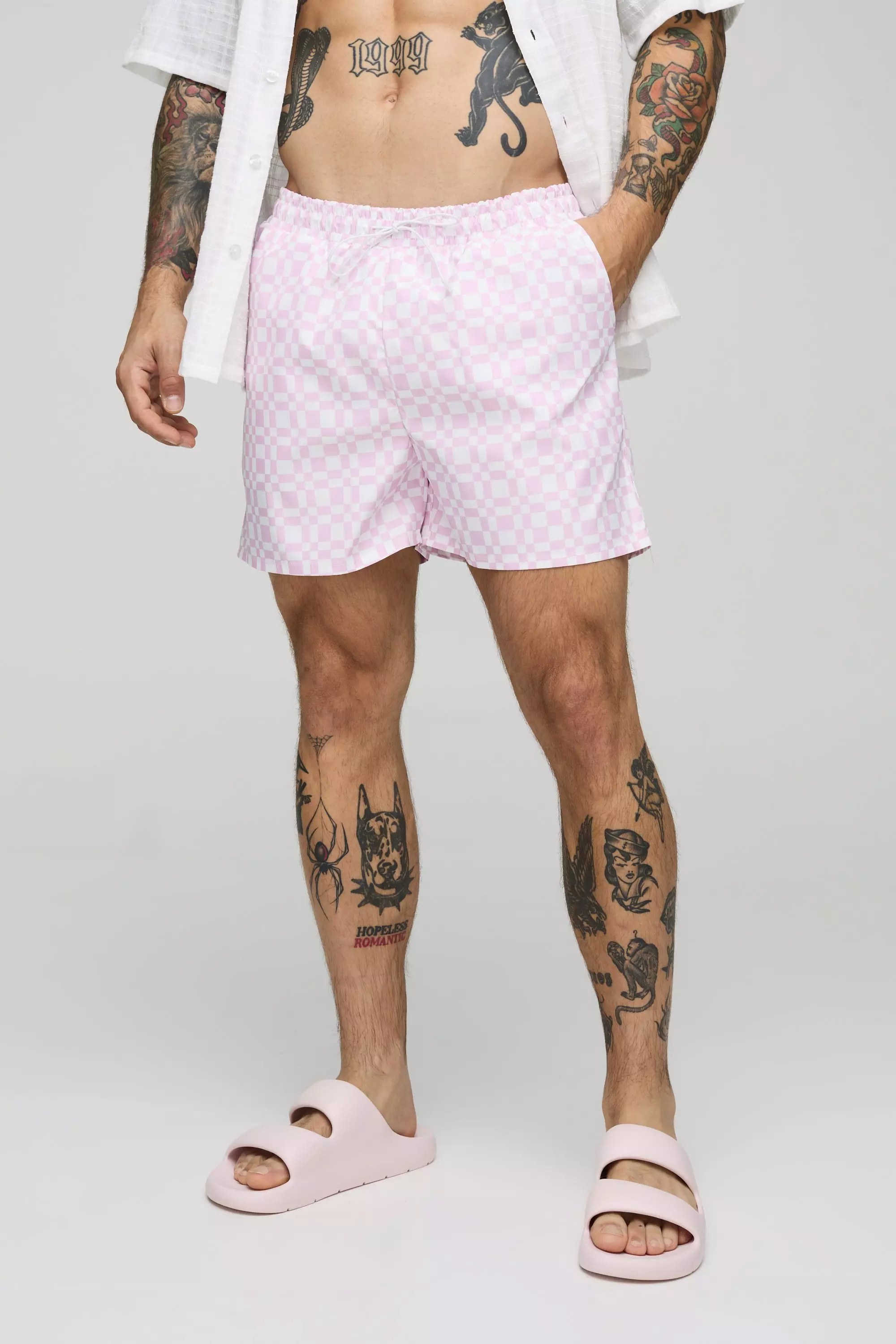 Pink Abstract Check Print Short Length Swim Short alternative image