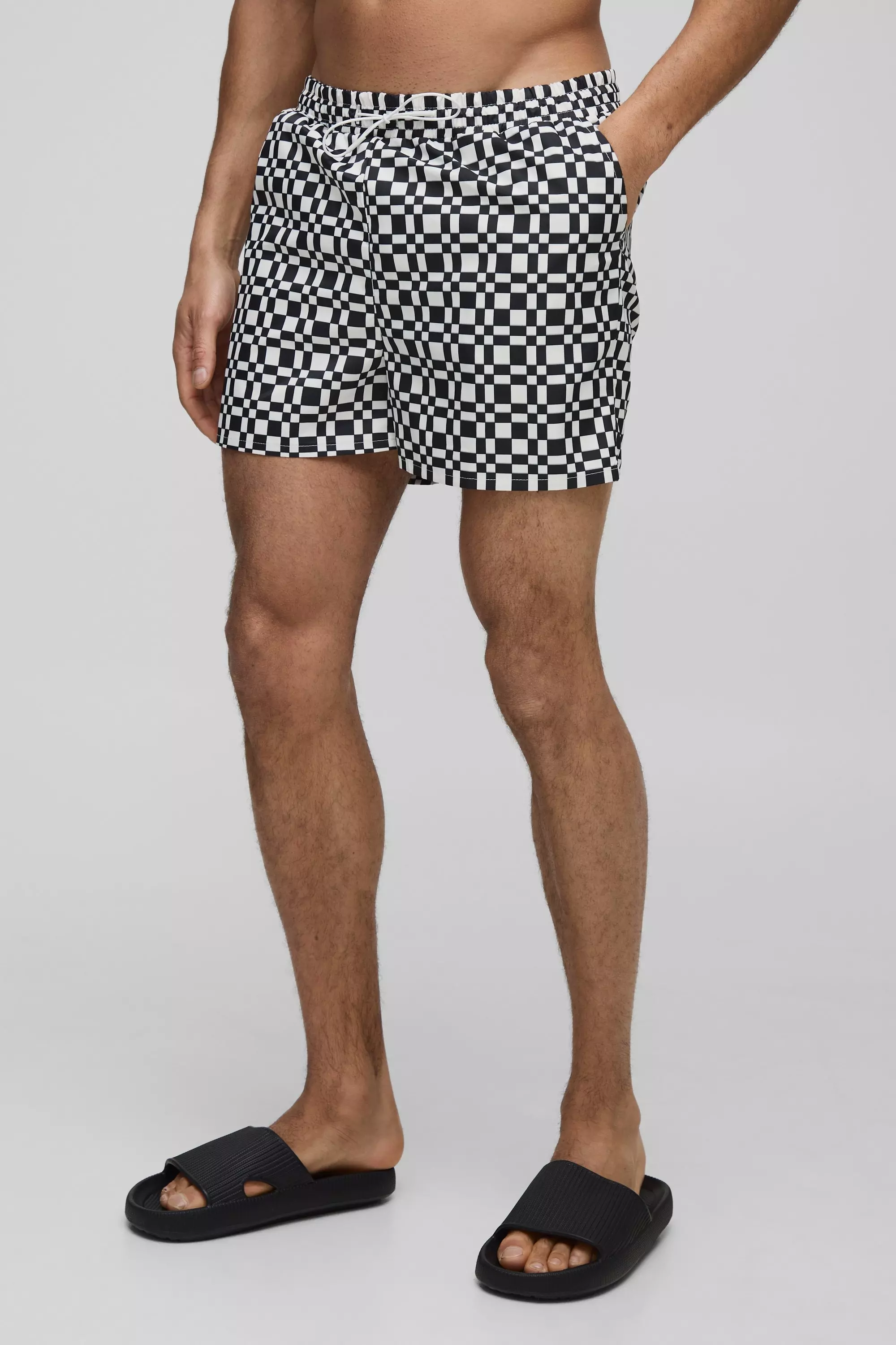 Black Abstract Check Print Short Length Swim Short alternative image