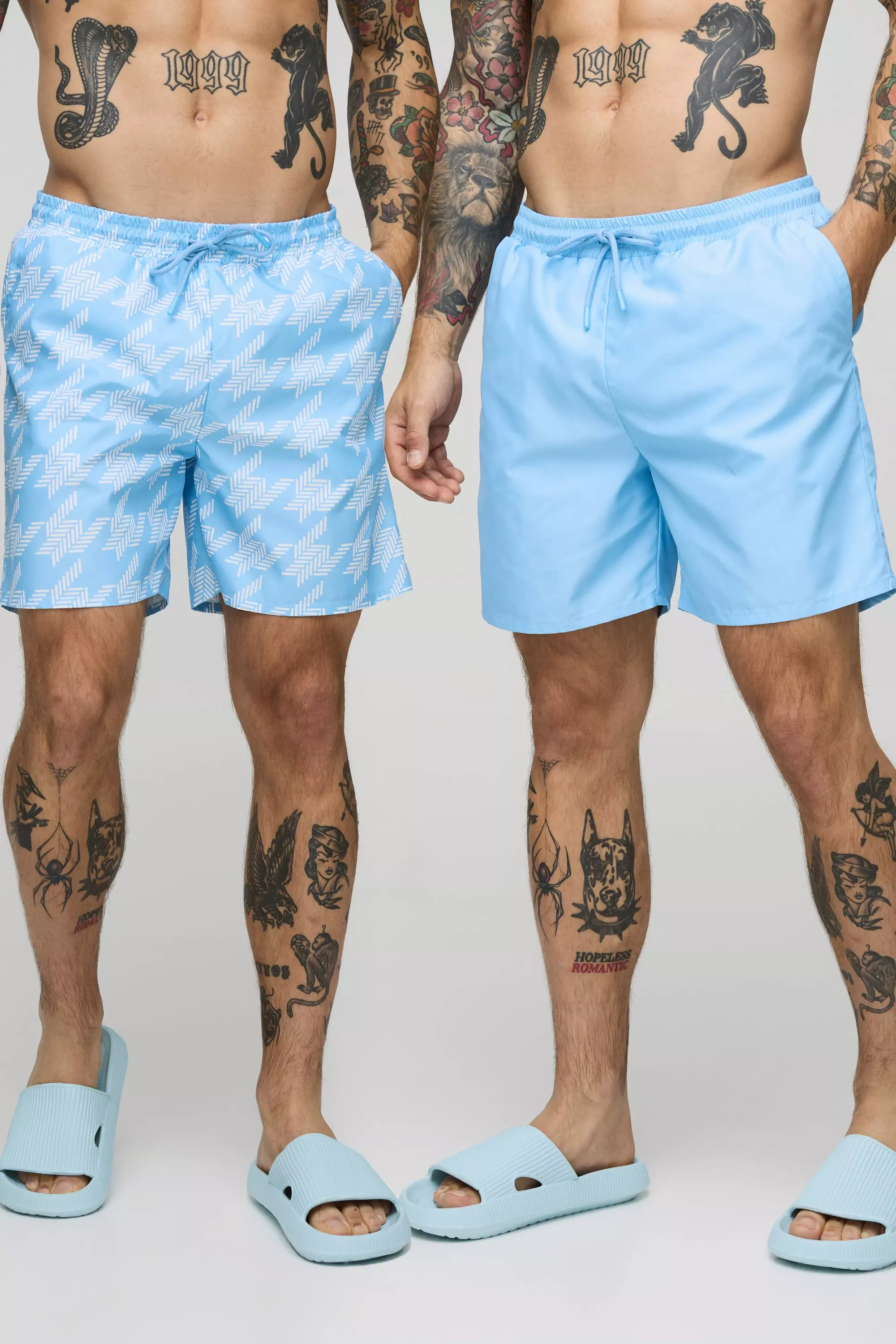 Light blue 2 Pack Houndstooth and Plain Mid Length Swim Short alternative image