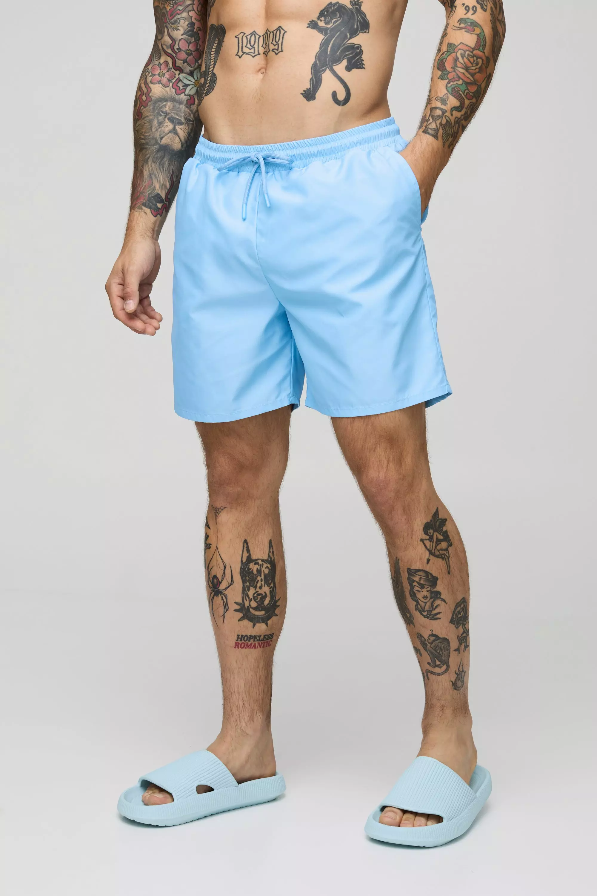 Light blue 2 Pack Houndstooth and Plain Mid Length Swim Short alternative image