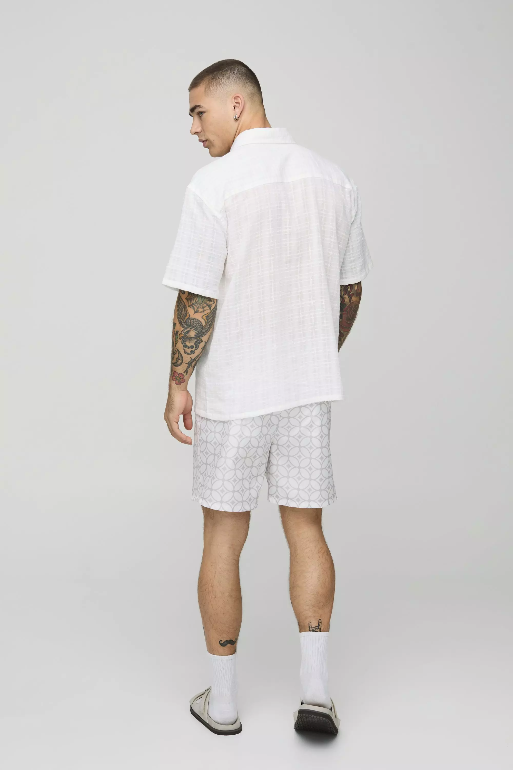 Abstract Pattern Mid Length Swim Trunks | boohooMAN USA