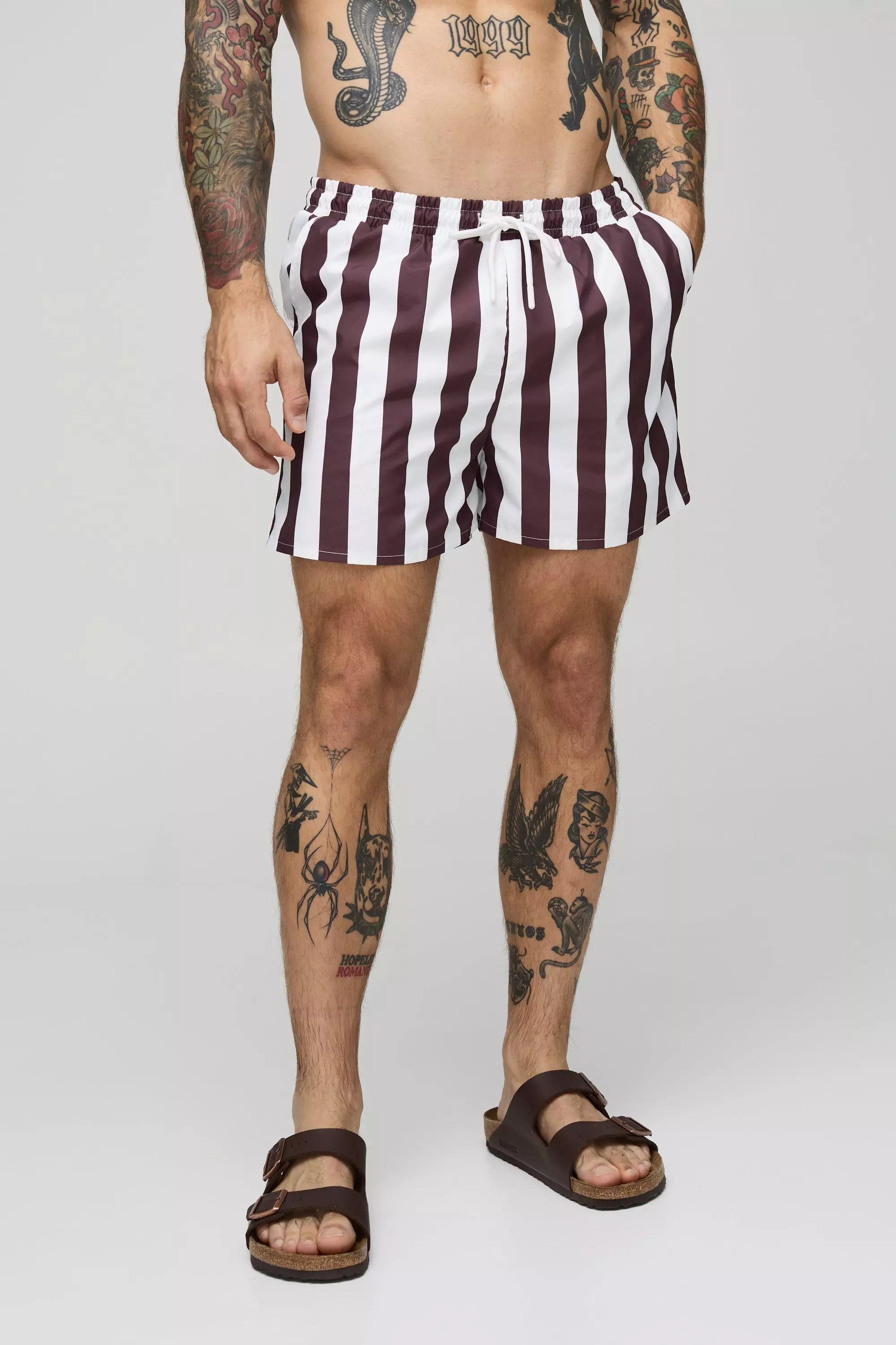 Chocolate Wide Stripe Print Short Length Swim Trunks alternative image