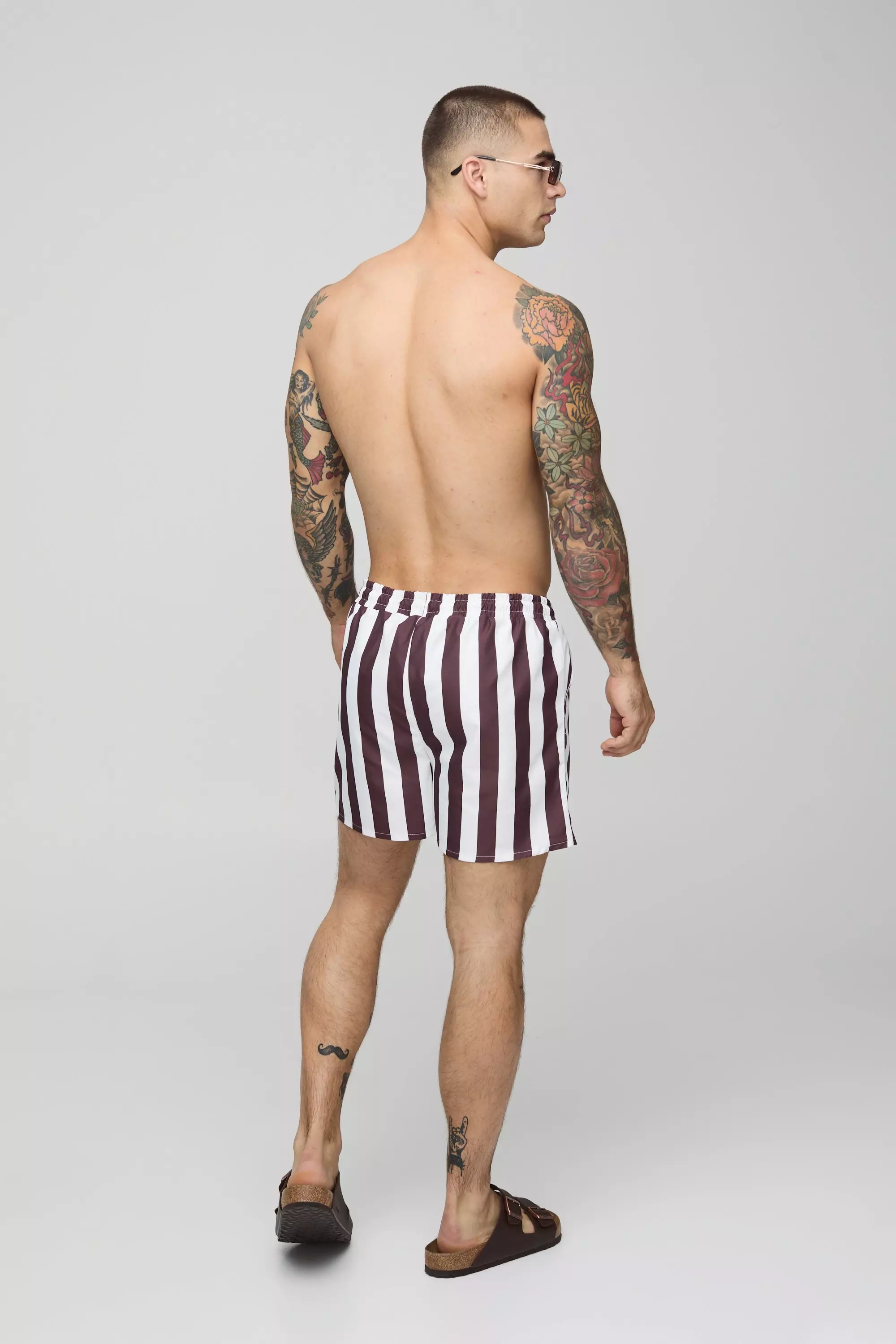 Chocolate Wide Stripe Print Short Length Swim Trunks alternative image