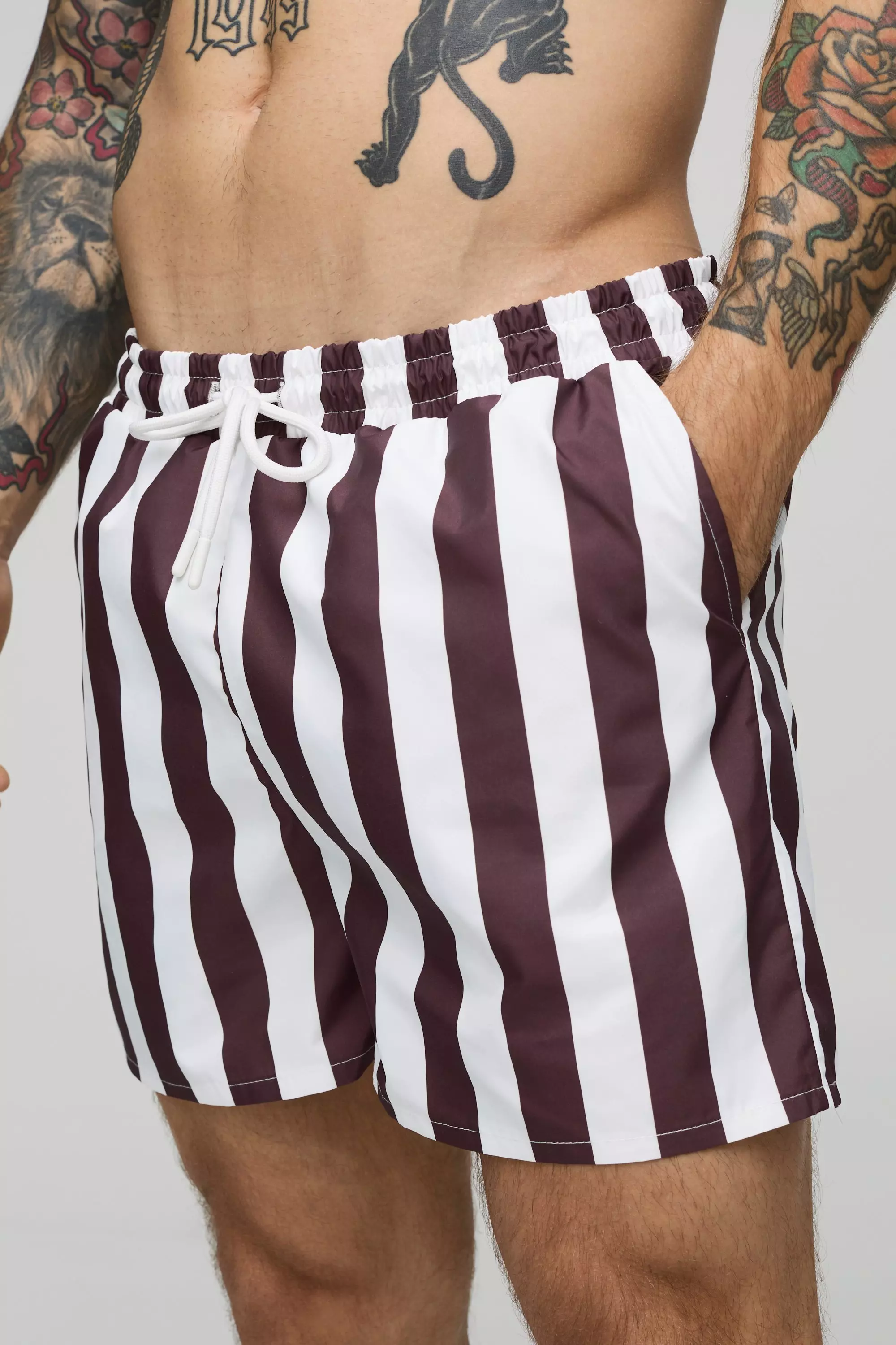 Chocolate Wide Stripe Print Short Length Swim Trunks alternative image