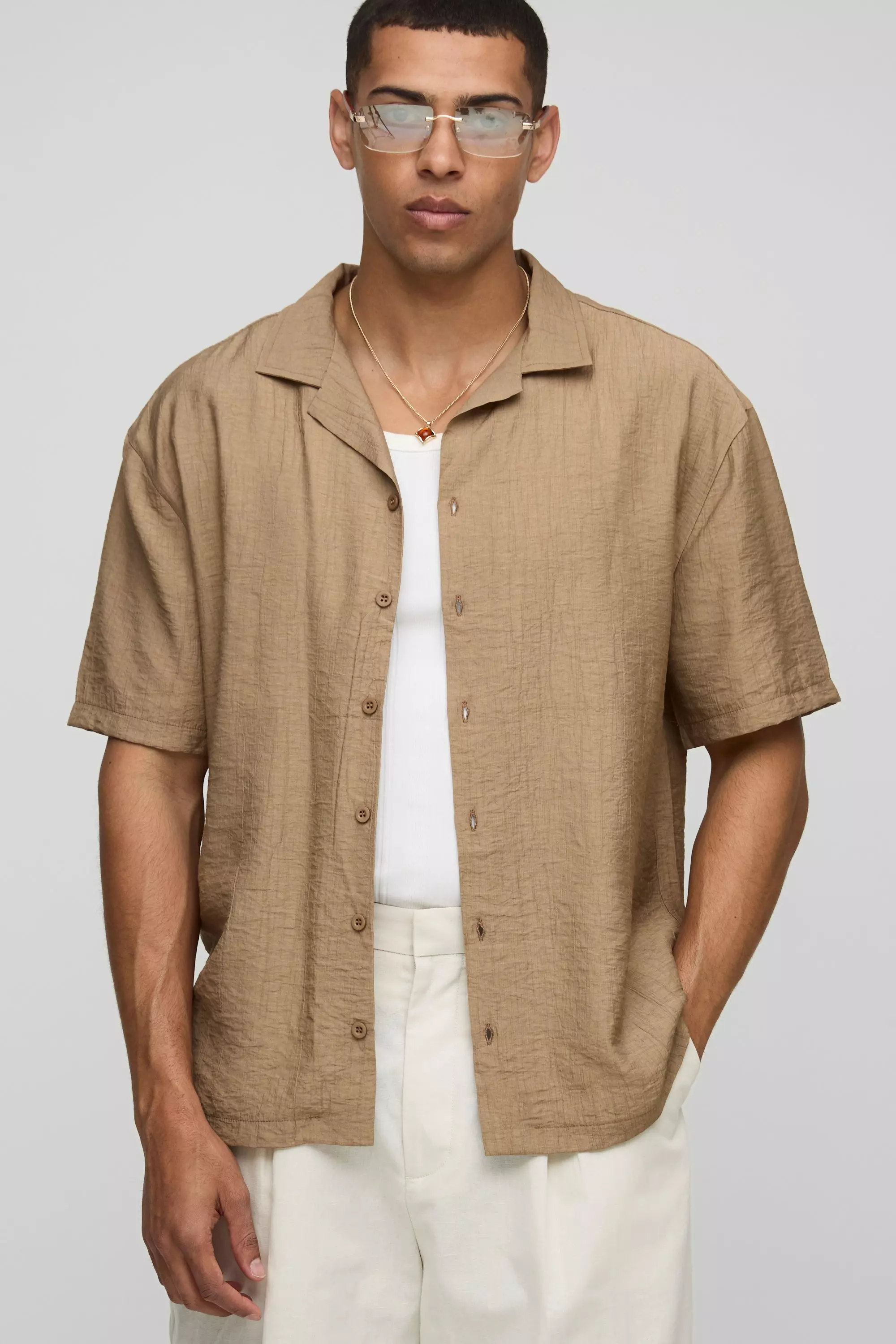 Crinkle Oversized Revere Short Sleeve Shirt Taupe