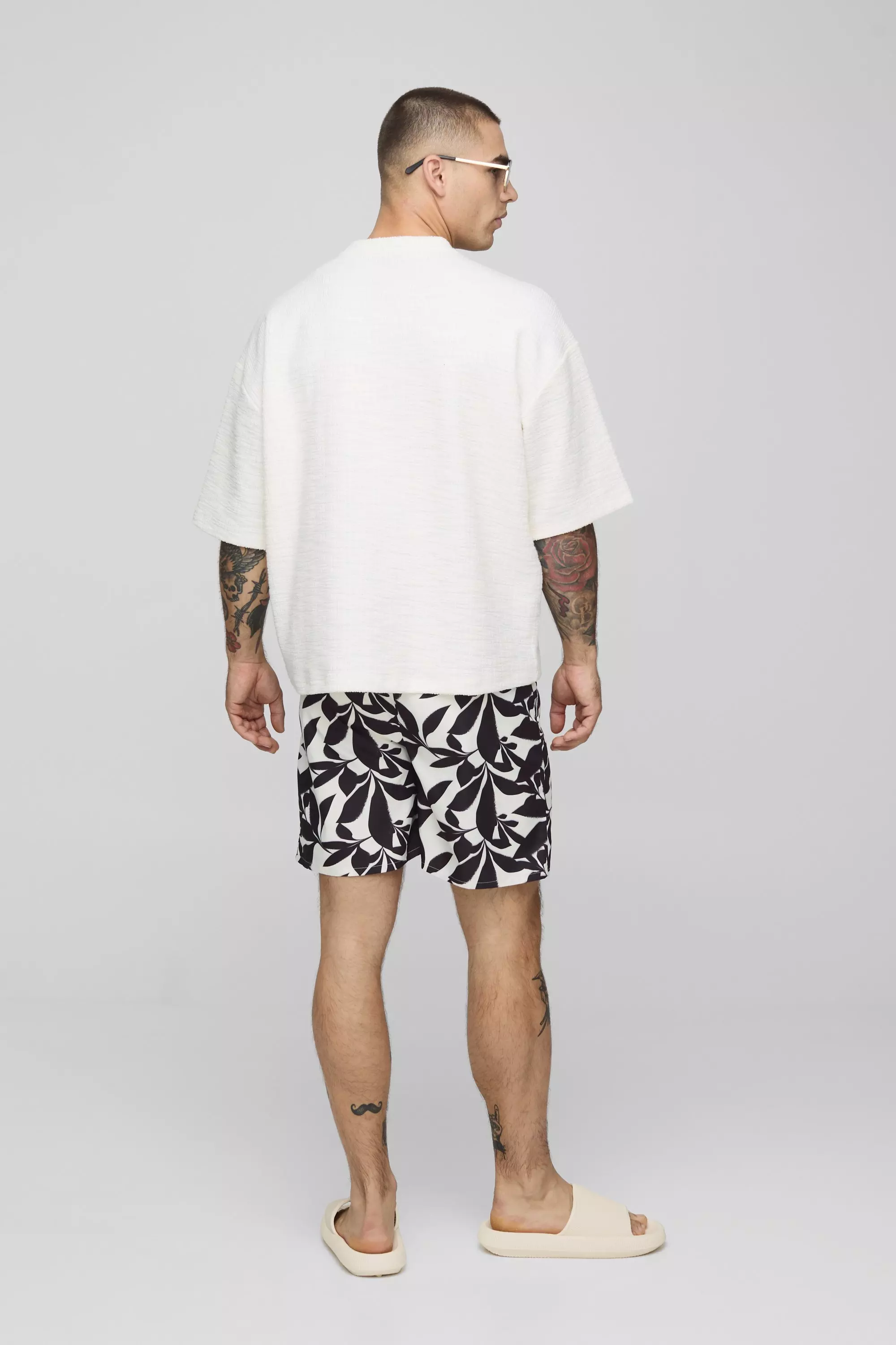 Leaf Print Mid Length Swim | boohooMAN USA