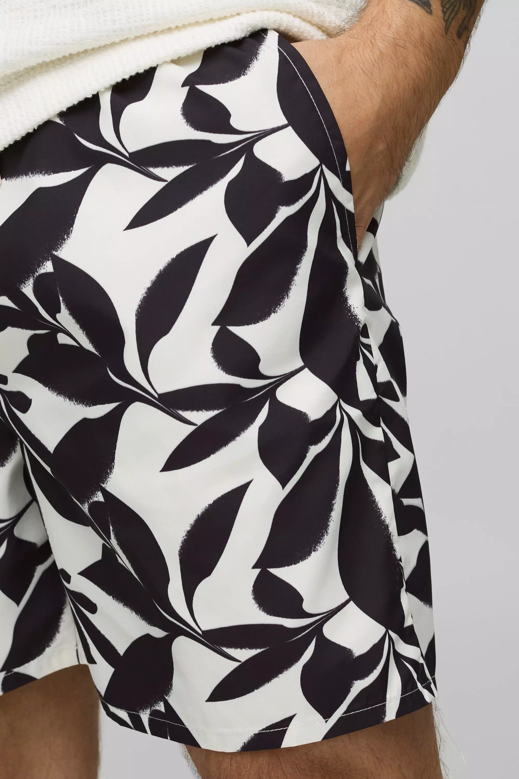 Leaf Print Mid Length Swim | boohooMAN USA