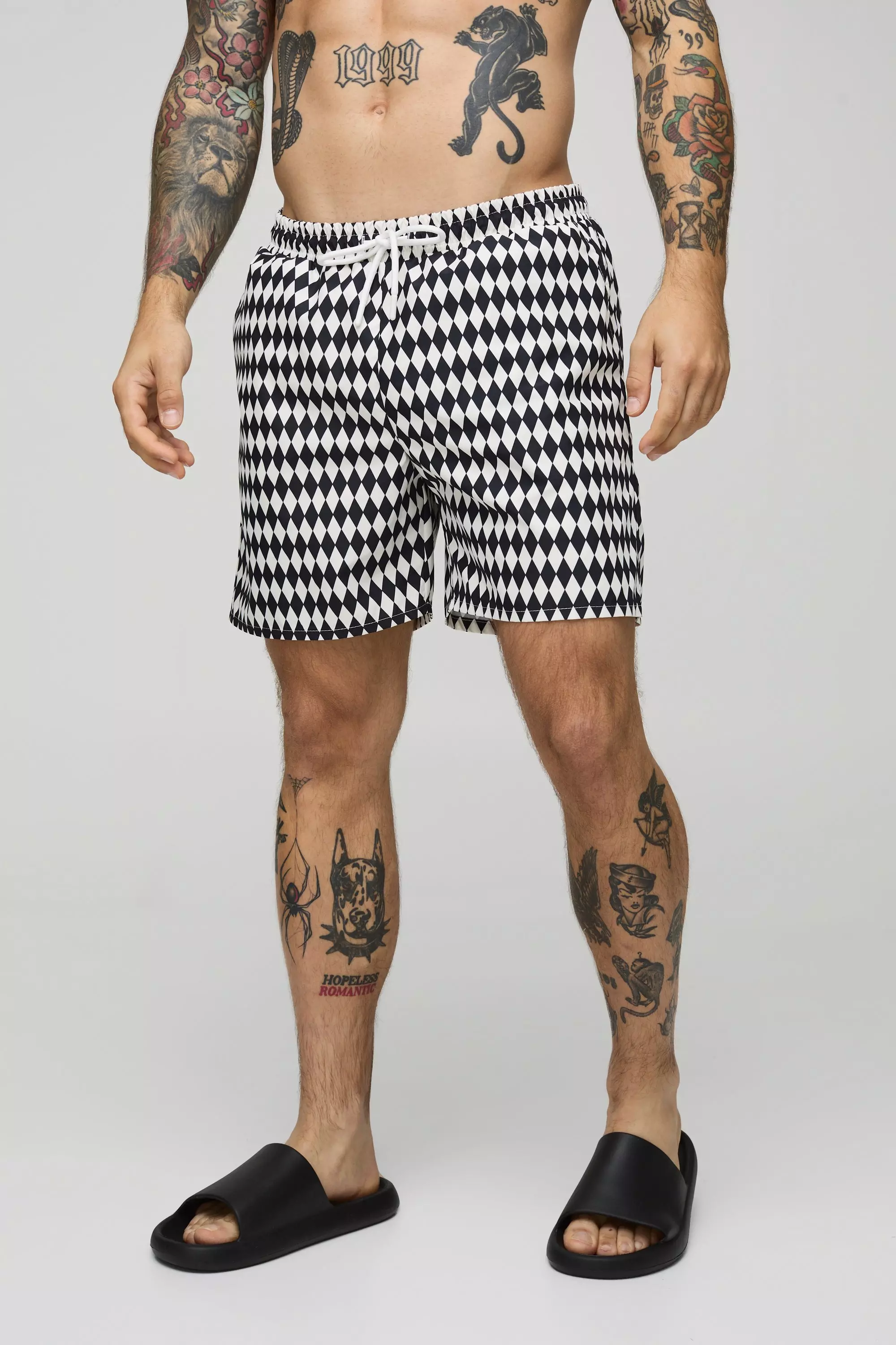 Black Mid Length Checker Print Swim Short alternative image