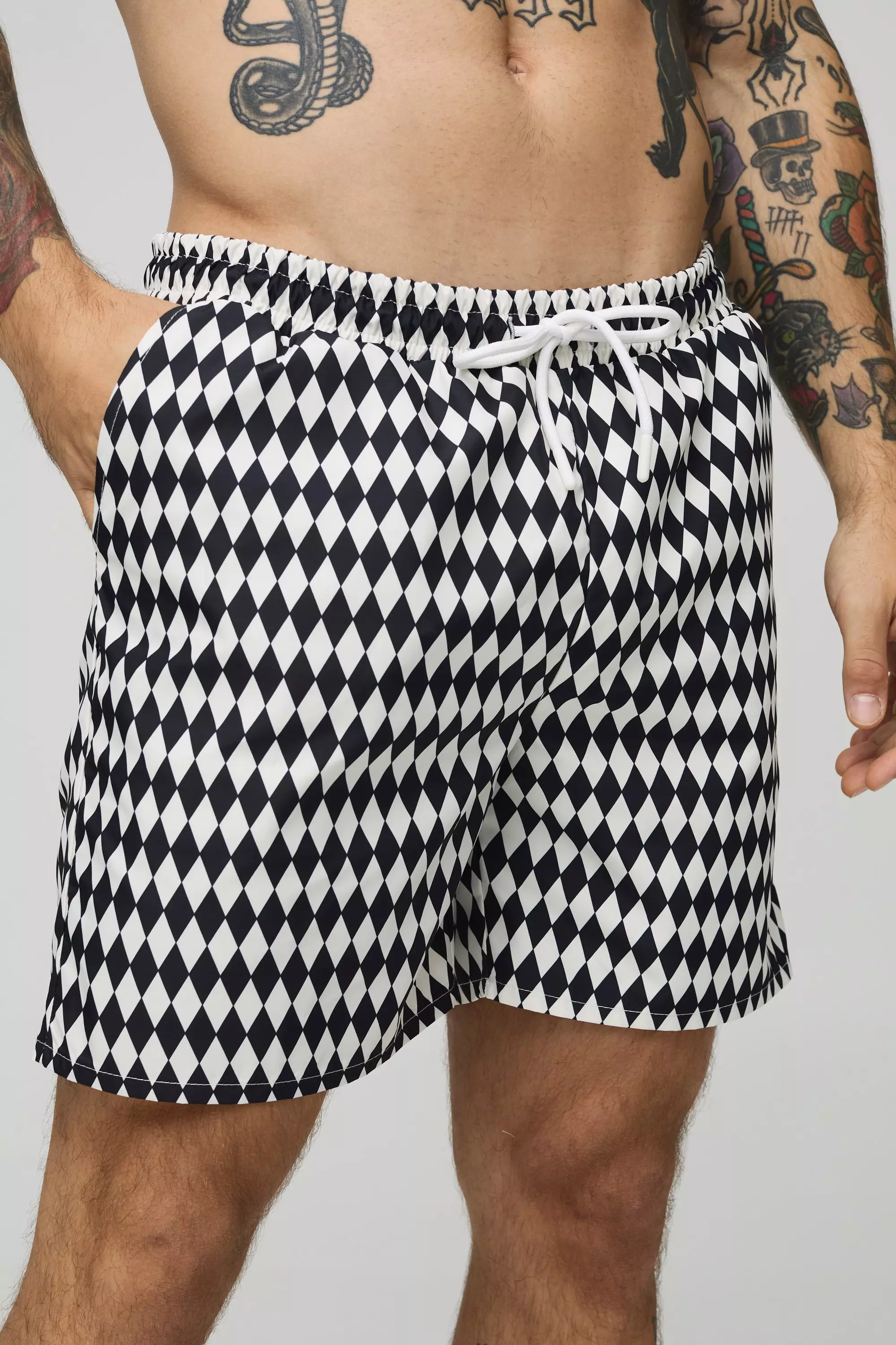 Black Mid Length Checker Print Swim Short alternative image