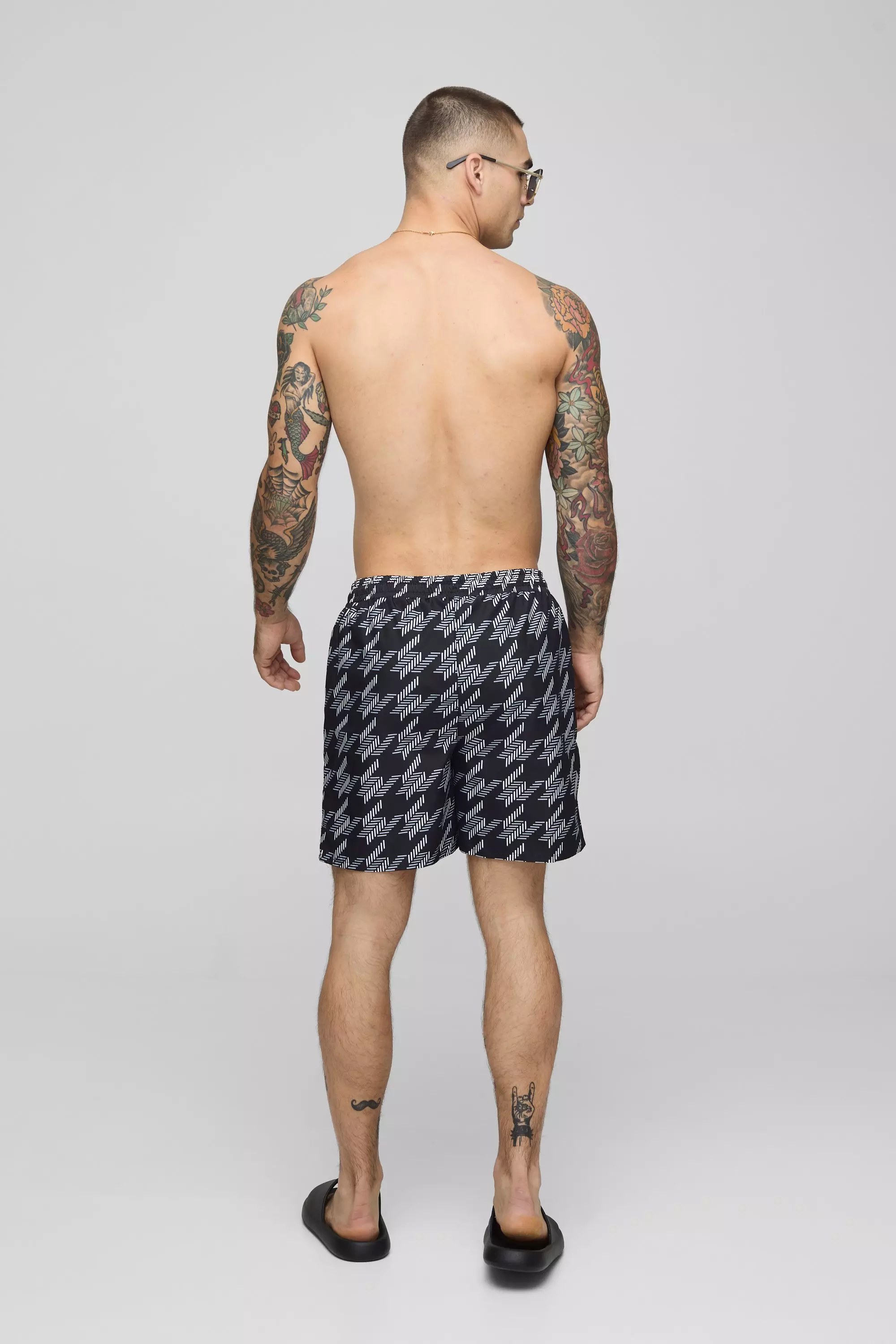 Houndstooth Print Mid Length Swim | boohooMAN USA